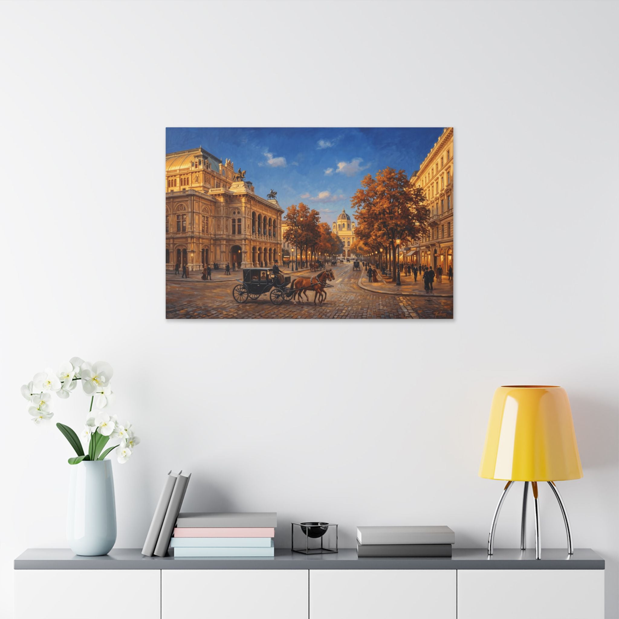 Vienna Ringstrasse Imperial Boulevard -Autumn Cityscape Canvas Wall Art — Vintage Horse & Carriage Street Scene