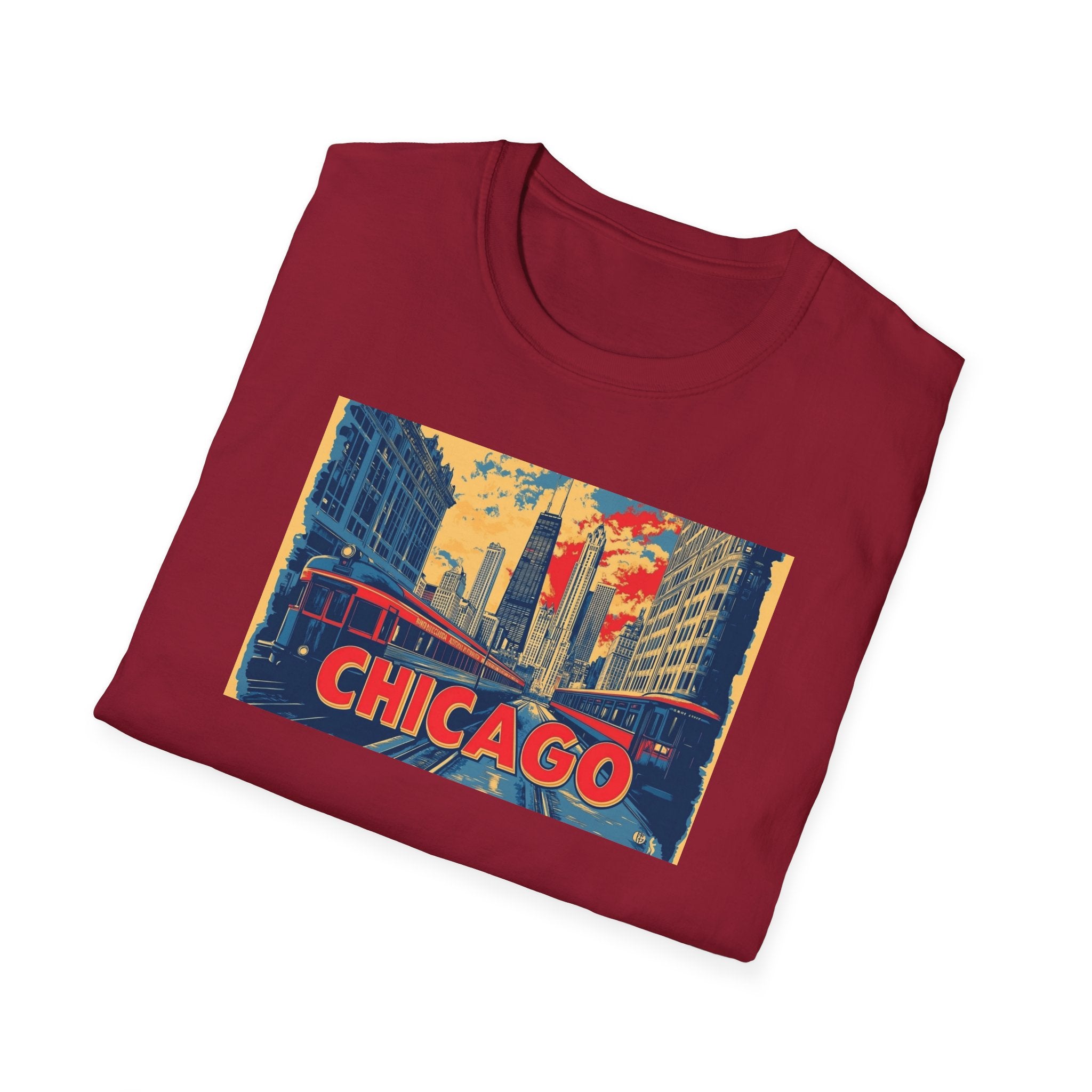 Chicago Cityscape T-Shirt | Vintage Skyline, El Train Poster Style