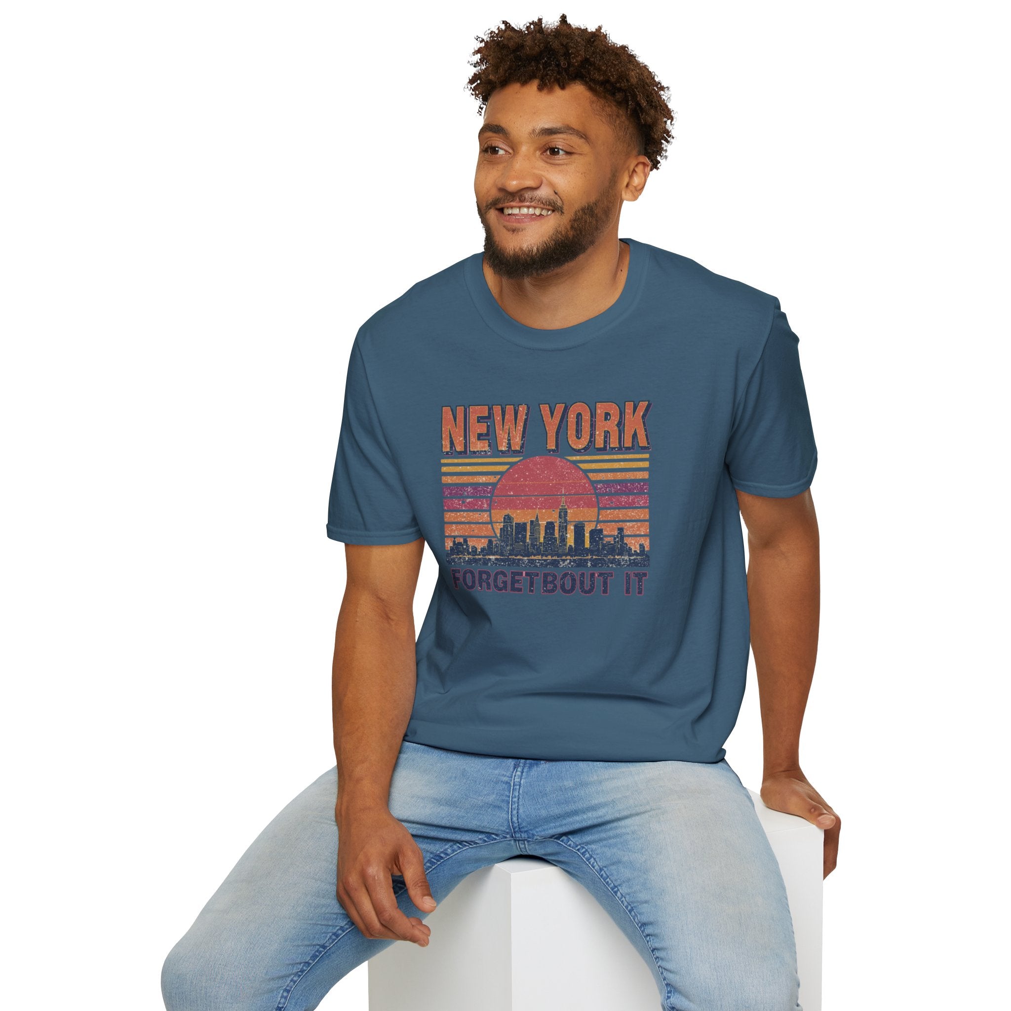 New York Skyline T‑Shirt – “Forgetbout It” Vintage Sunset Tee