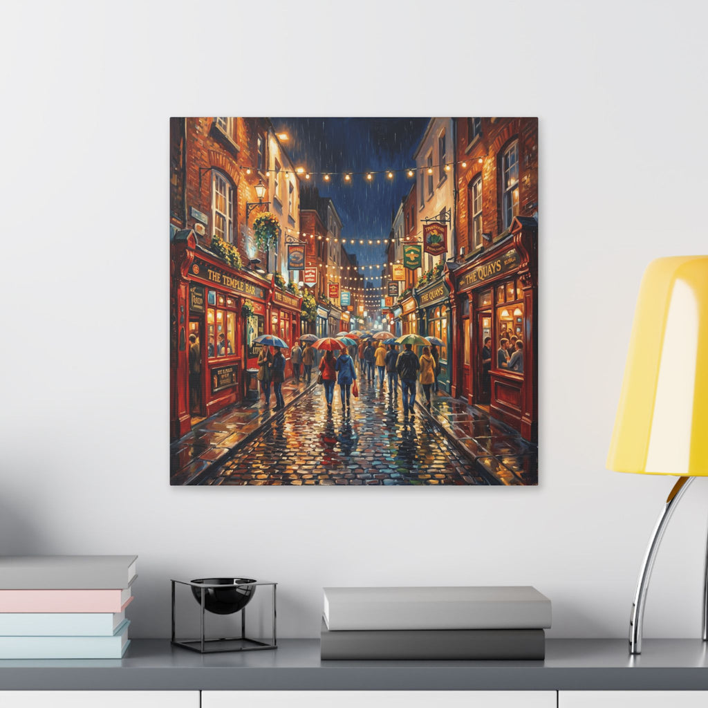 Temple Bar Dublin - Rainy City Street Canvas Wall Art - Cozy Evening Pub Scene Stretched Canvas