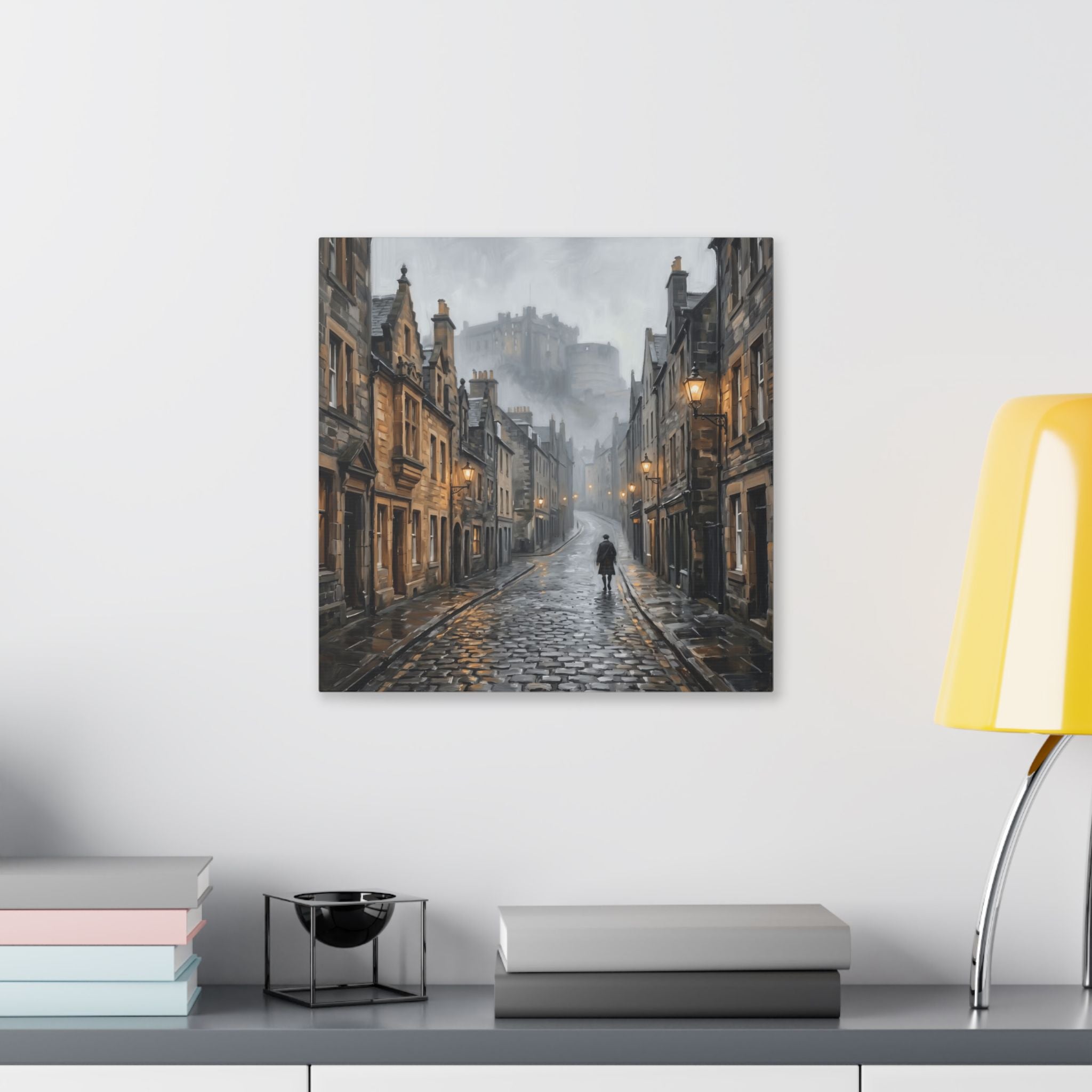 Edinburgh Royal Mile - Canongate to Edinburgh Castle - Vintage Cobblestone Street Canvas — Moody Cityscape Wall Art
