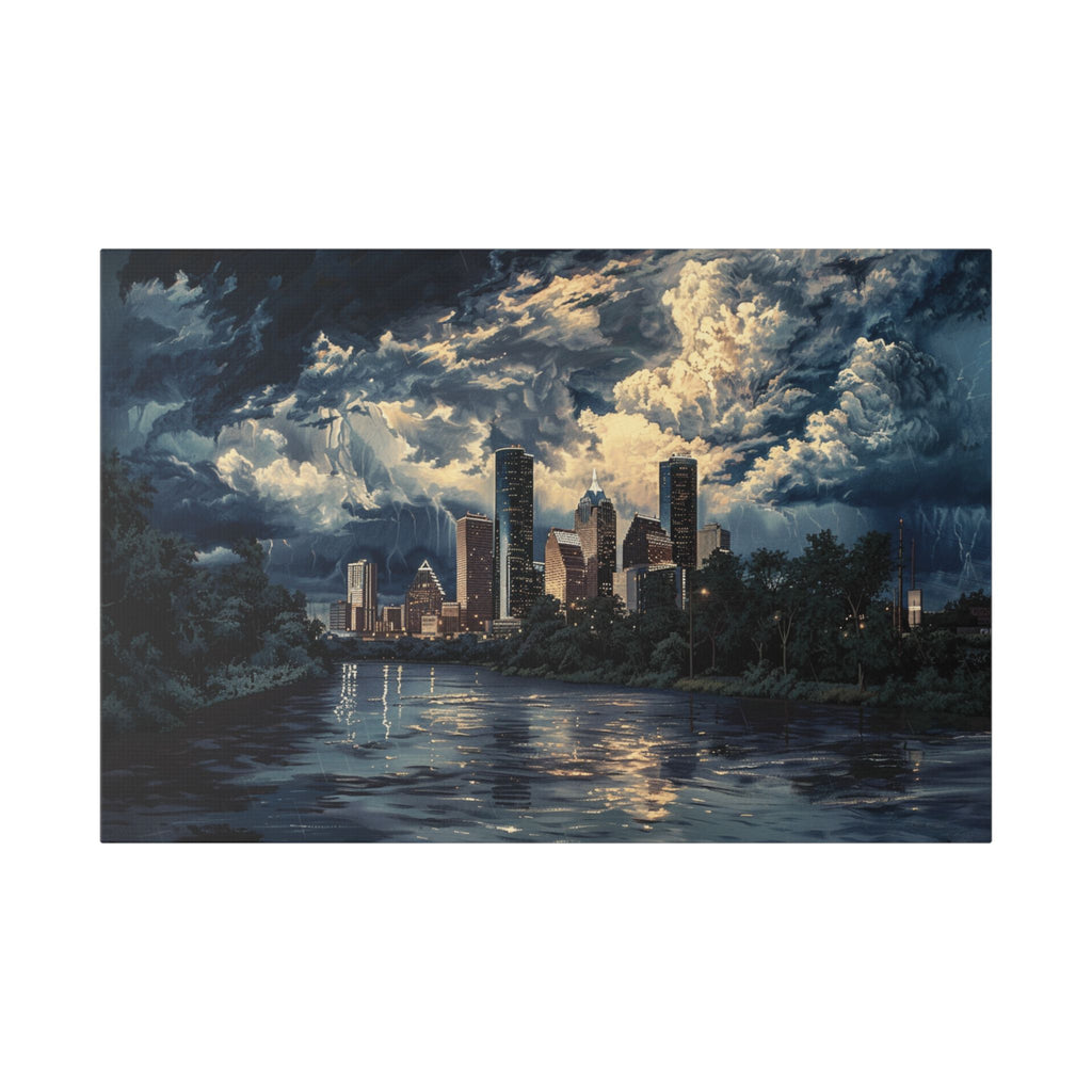 Houston Downtown Skyline Canvas Print — Moody Nightscape Stretched Wall Art