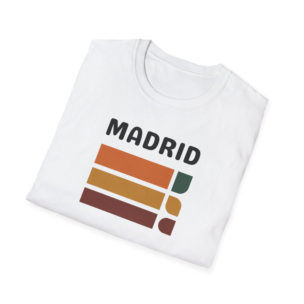 Madrid Retro Stripes T-Shirt | Vintage City Typography, Earth Tone Bars