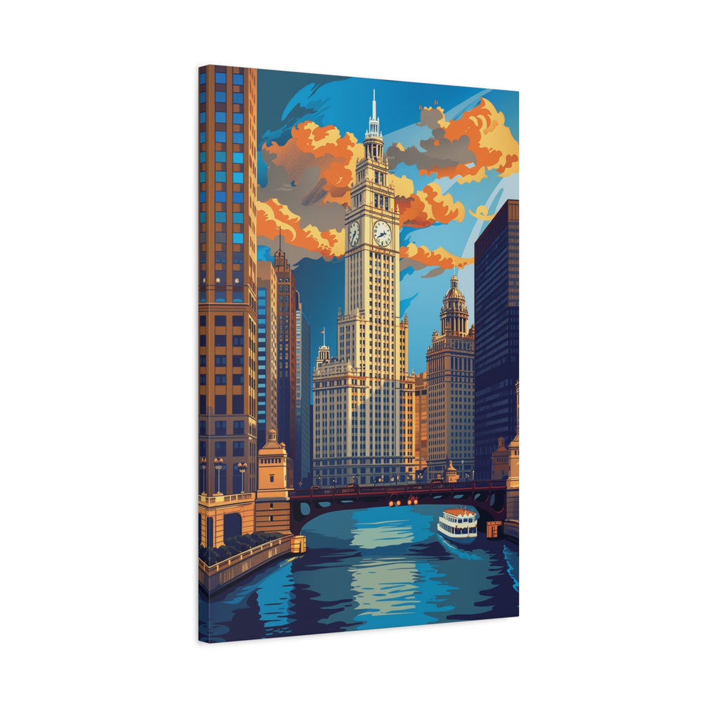 Chicago River Skyline Stretched Canvas — Vintage Cityscape Wall Art