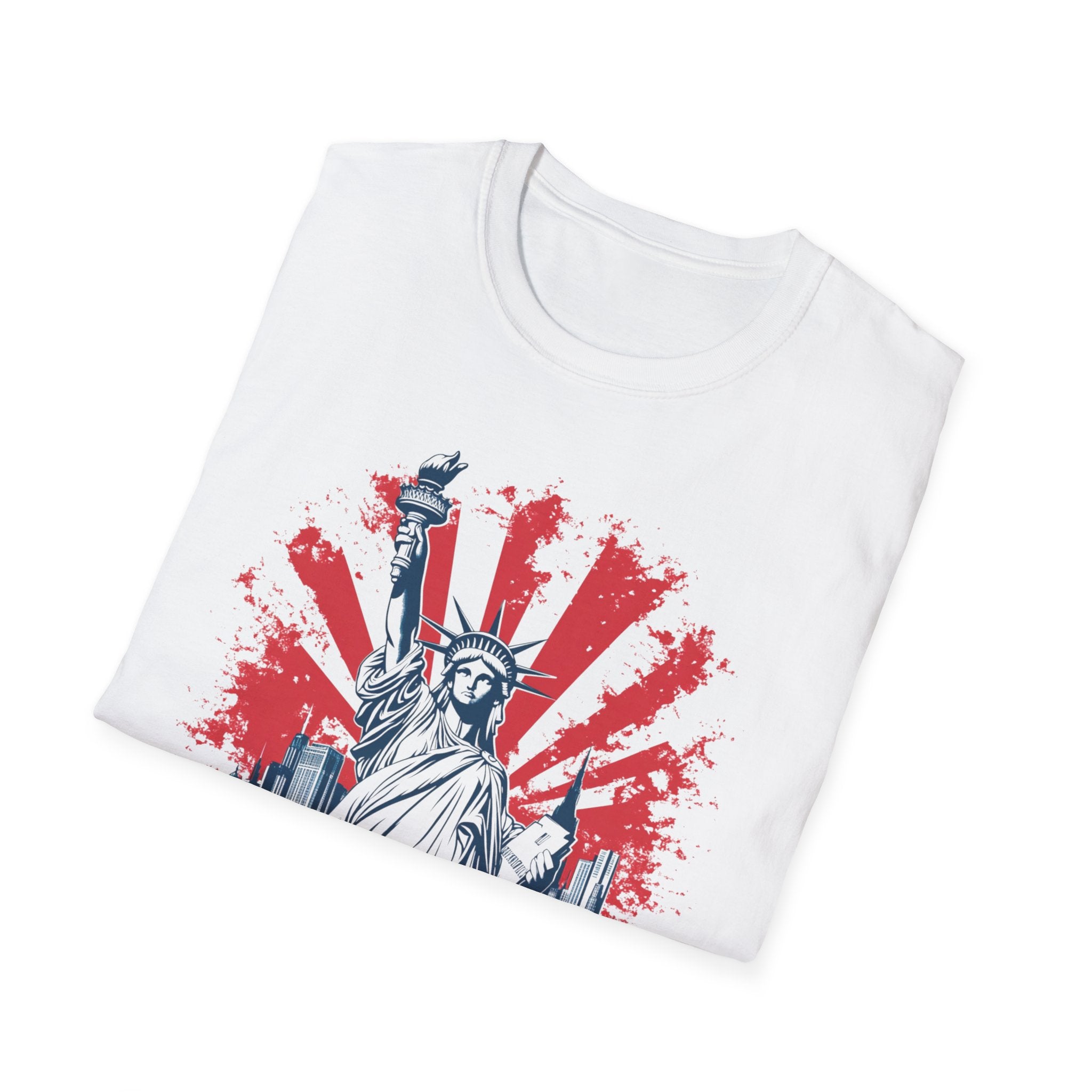 Statue of Liberty New York T-Shirt | City Skyline, Red Rays Graphic