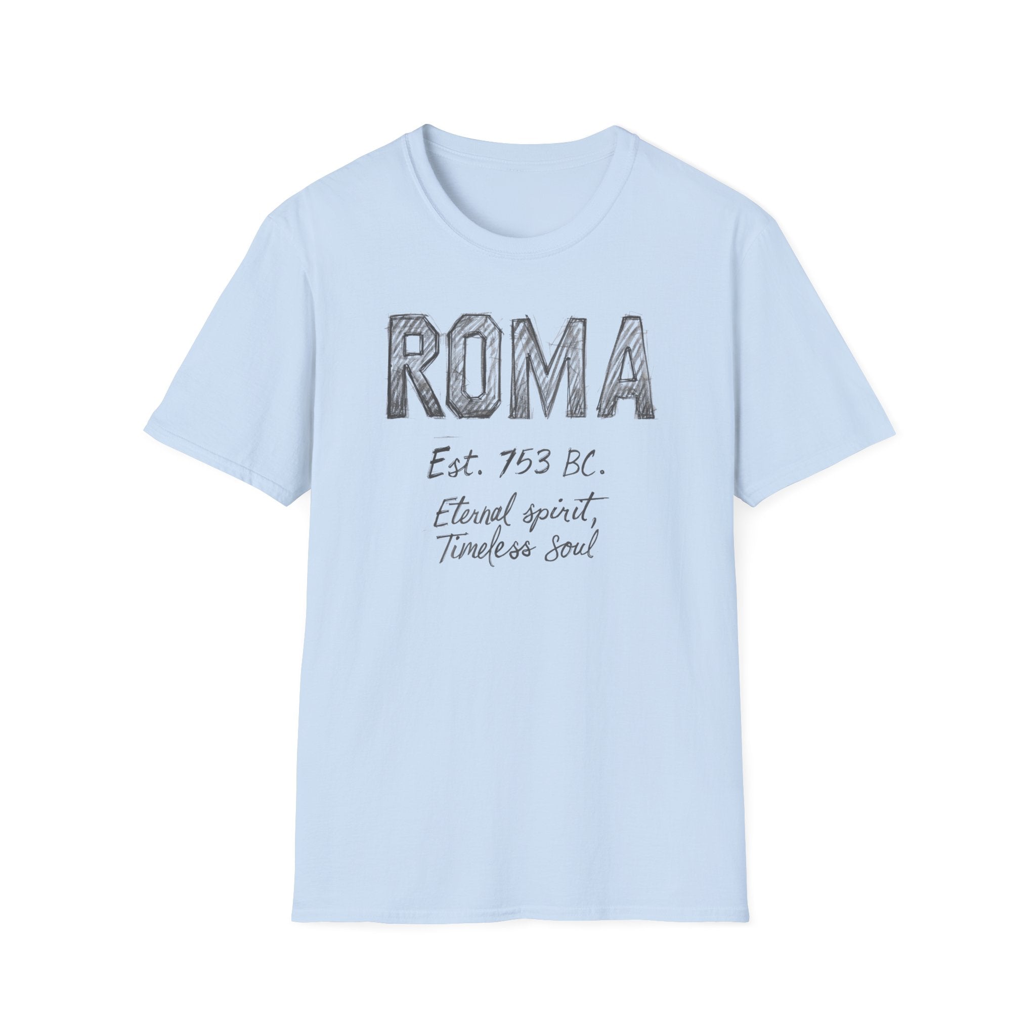 Roma Vintage Script T-Shirt — 'Roma Est. 753 BC, Eternal spirit, Timeless soul'