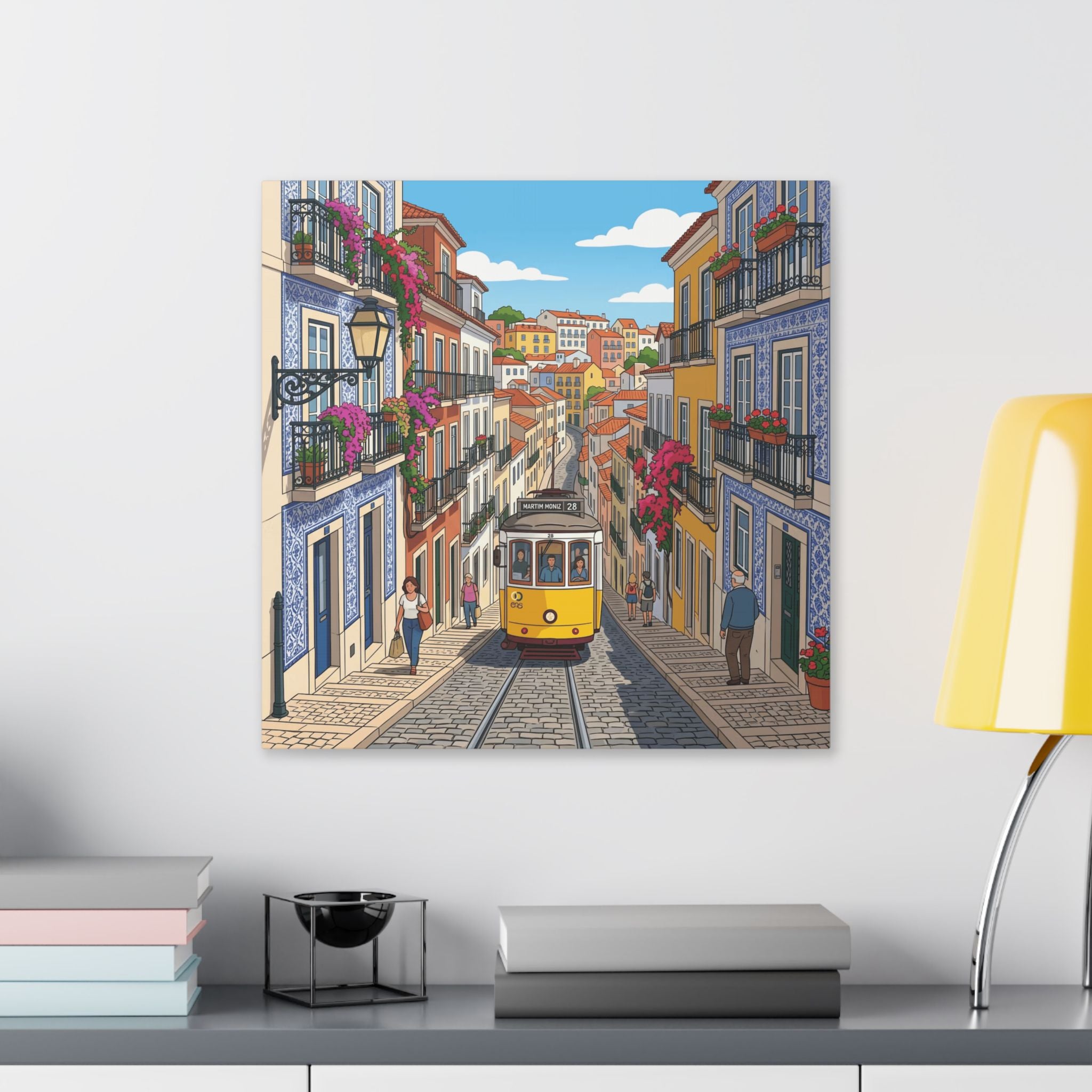 Lisbon Tram Street Canvas Art — Colorful European Cityscape Wall Decor