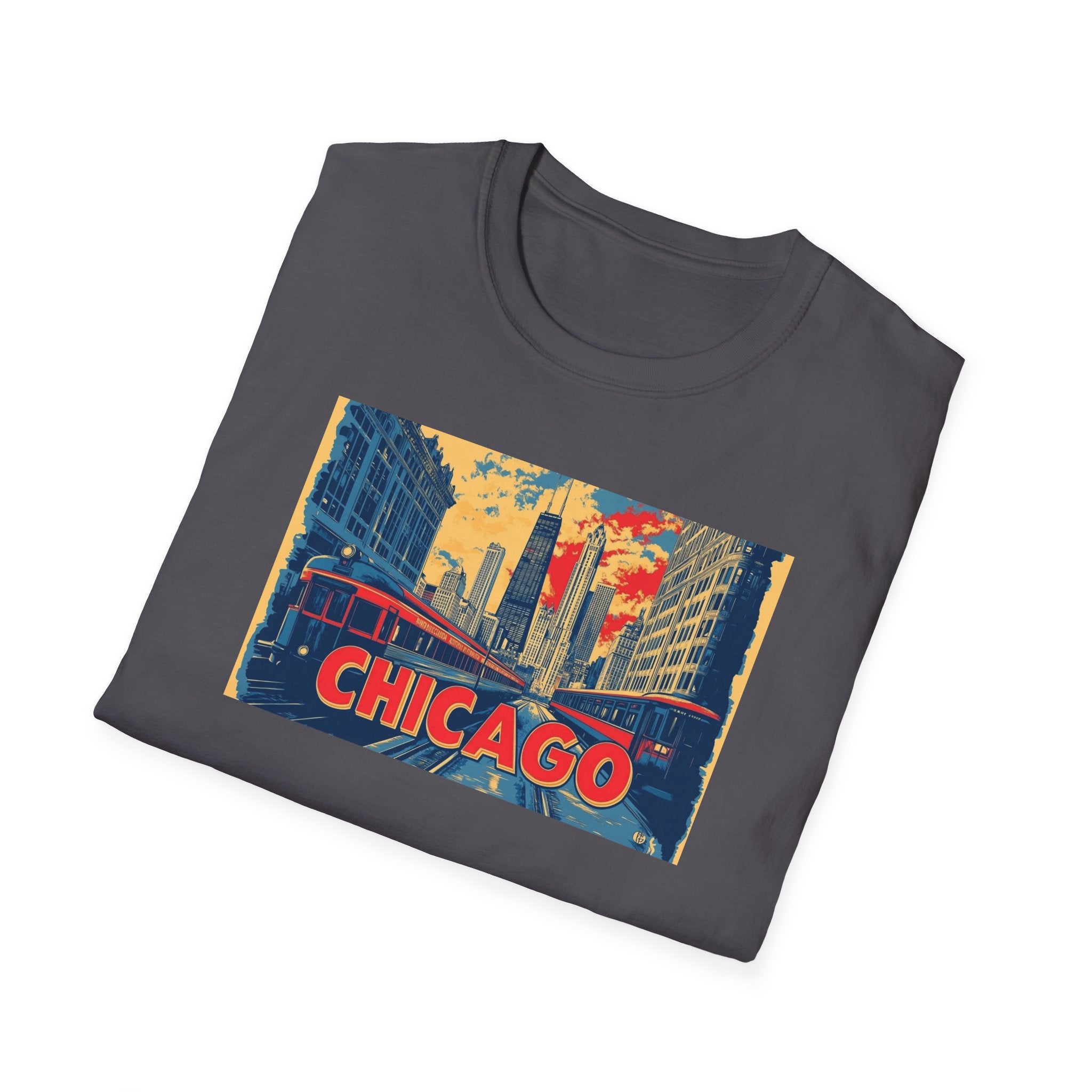 Chicago Cityscape T-Shirt | Vintage Skyline, El Train Poster Style