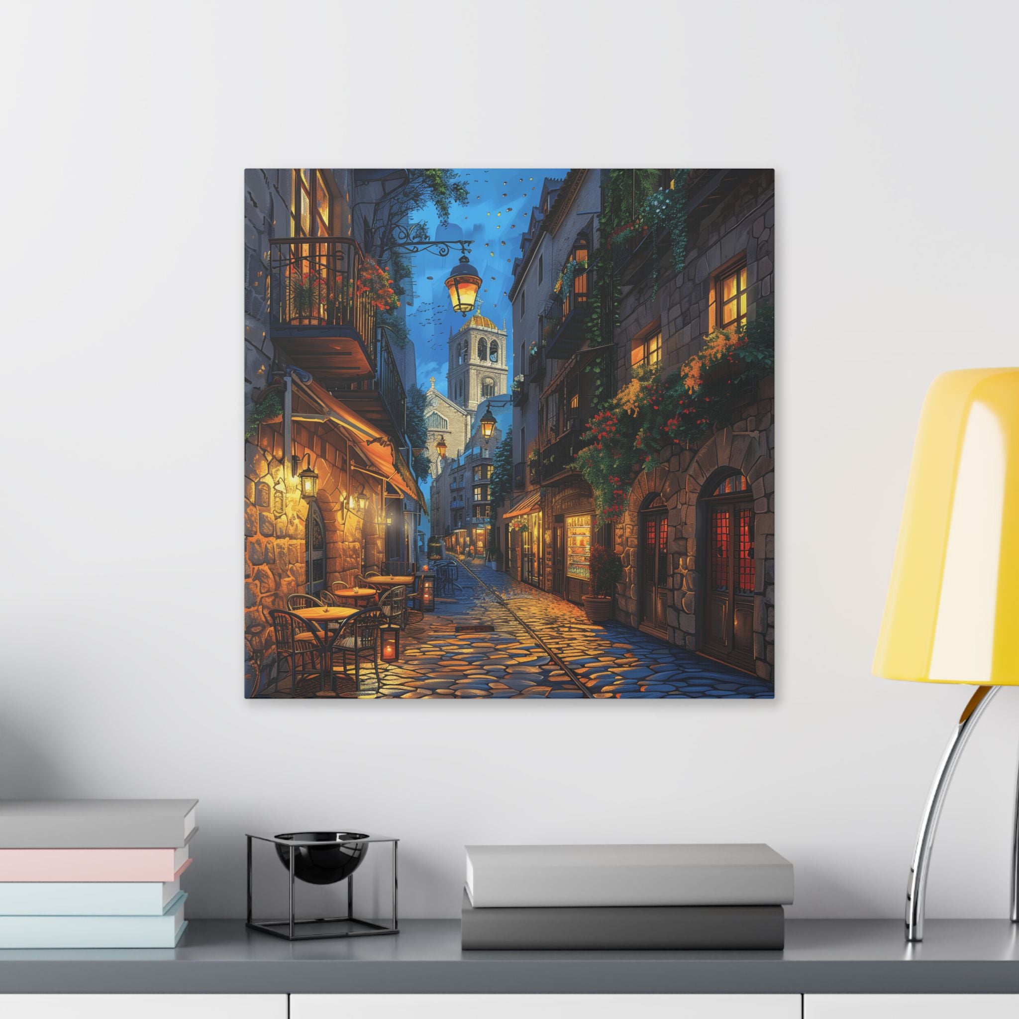 Gothic Quarter Street Barcelona - Evening Rue – European Cobblestone Street Stretched Canvas Wall Art