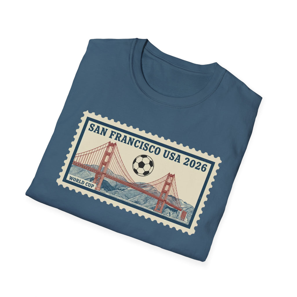 San Francisco 2026 Golden Gate Stamp T-Shirt — Vintage Soccer Postage Design