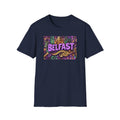 Belfast Neon Script T-Shirt | Retro Rainbow Stripes