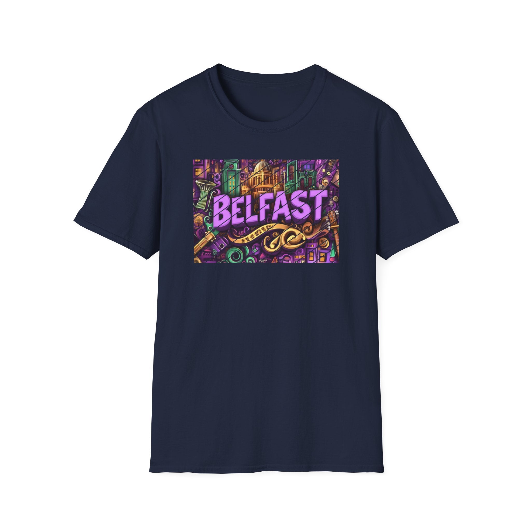 Belfast Neon Script T-Shirt | Retro Rainbow Stripes