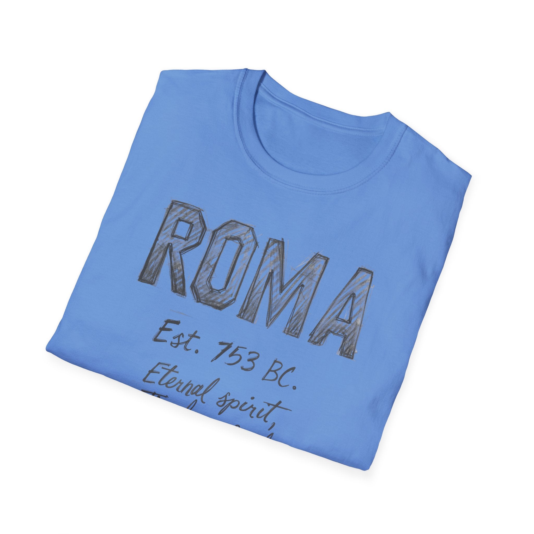 Roma Vintage Script T-Shirt — 'Roma Est. 753 BC, Eternal spirit, Timeless soul'