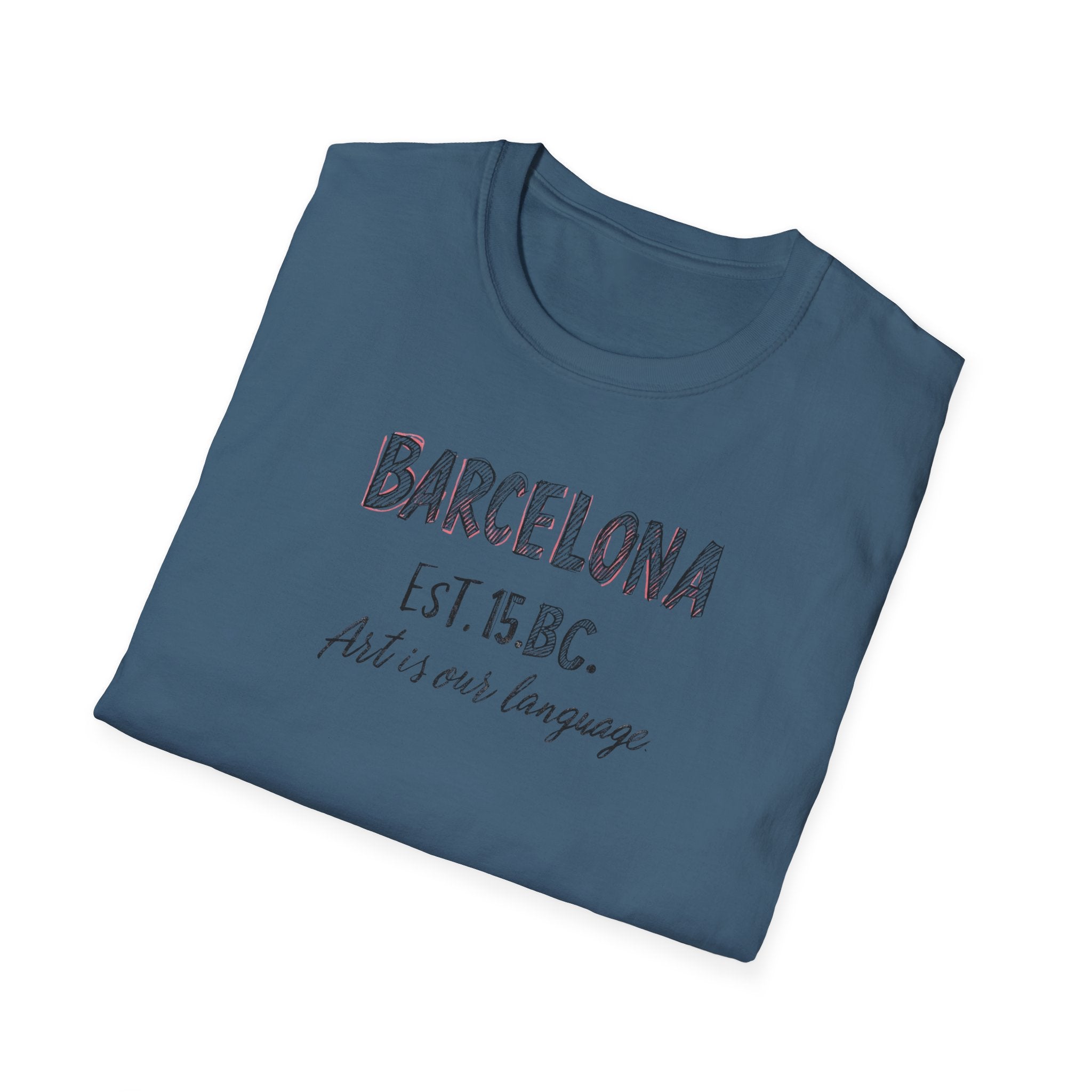 Barcelona Est. 15 B.C. T-Shirt – Vintage Travel Tee with "Art is our language" Script