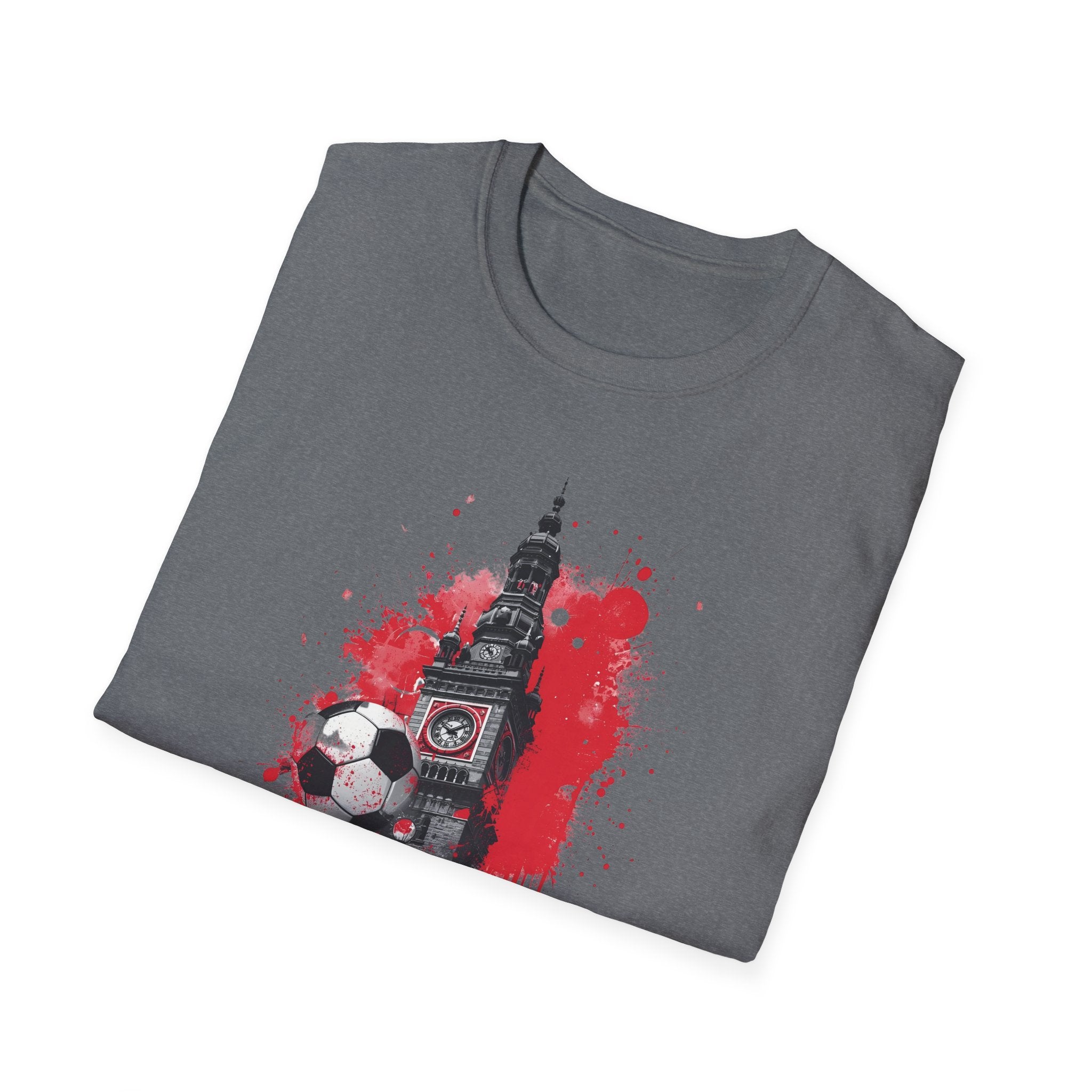 Munich Football Illustration T-Shirt | Soccer Ball, Clock Tower, Red Paint Splatter