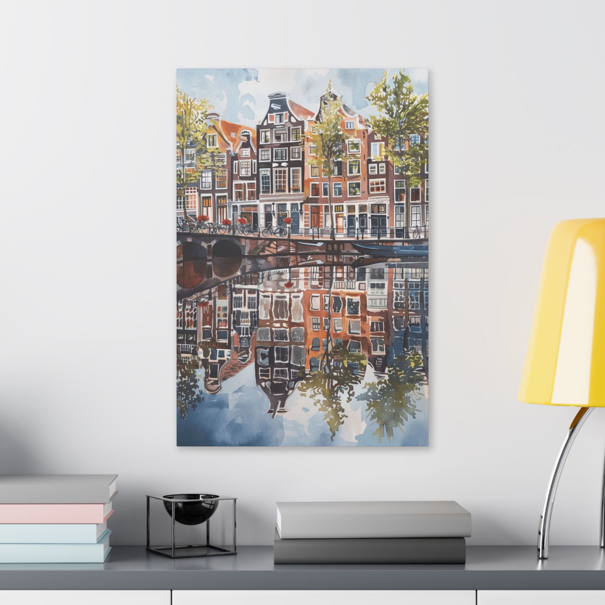 Amsterdam Canal Reflection Canvas Print — European Cityscape Wall Art