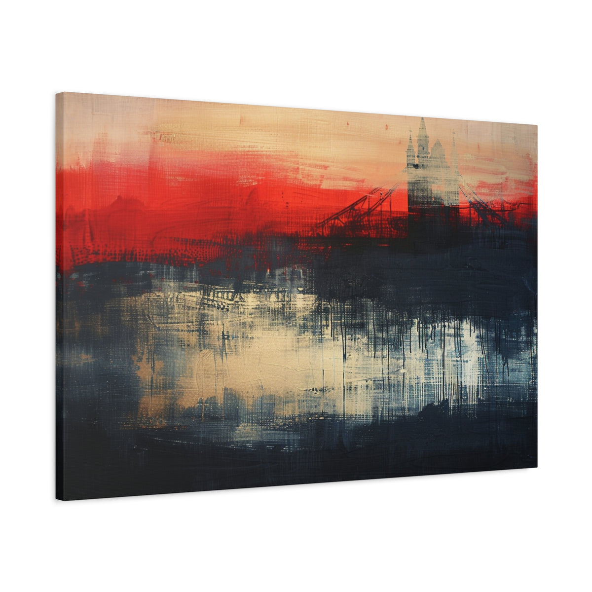 Abstract London Bridge Canvas Wall Art – Red & Navy Stretched Painting