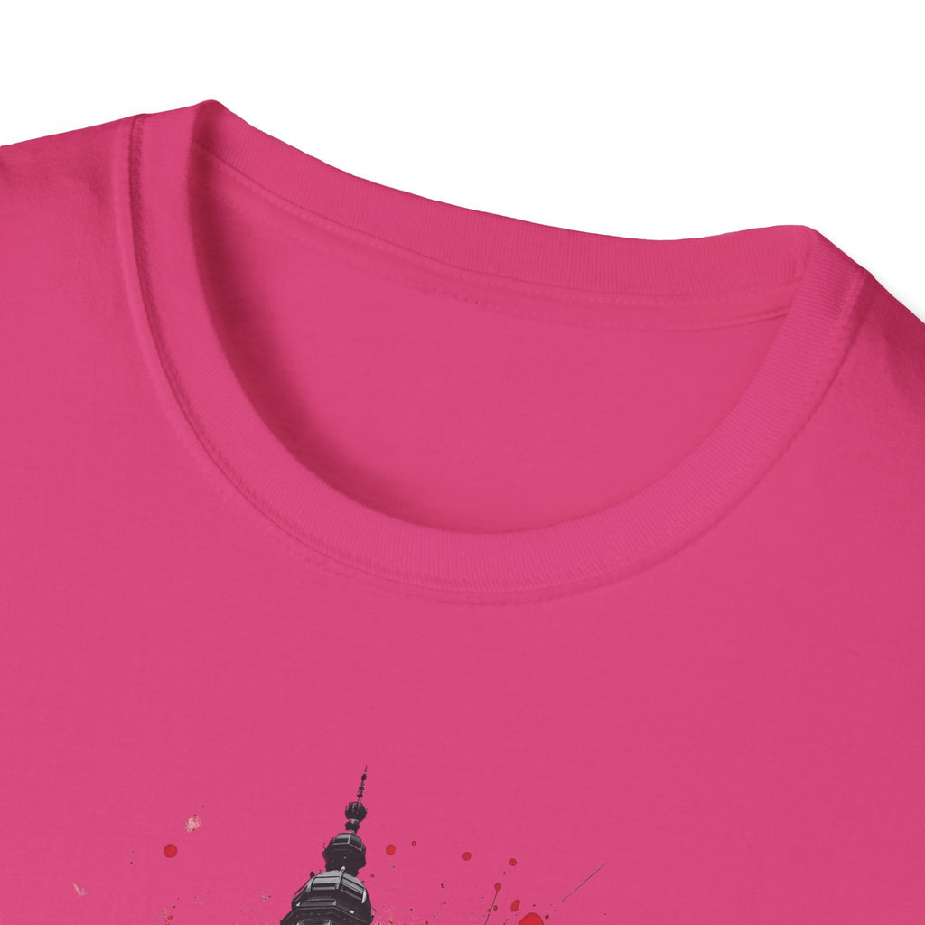 Munich Football Illustration T-Shirt | Soccer Ball, Clock Tower, Red Paint Splatter