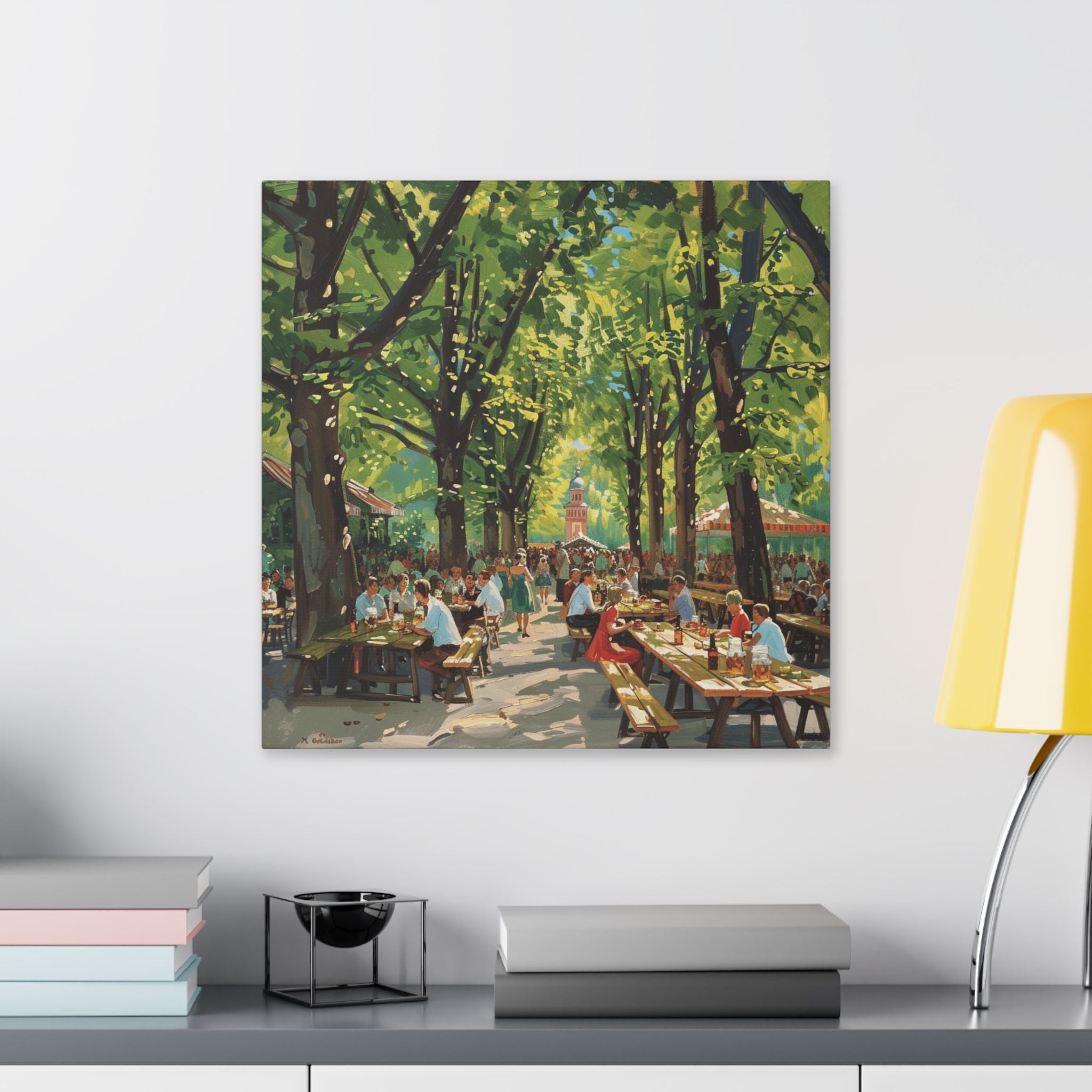 Biergarten Canvas Wall Art — Sunny Tree-Lined Outdoor Market Scene