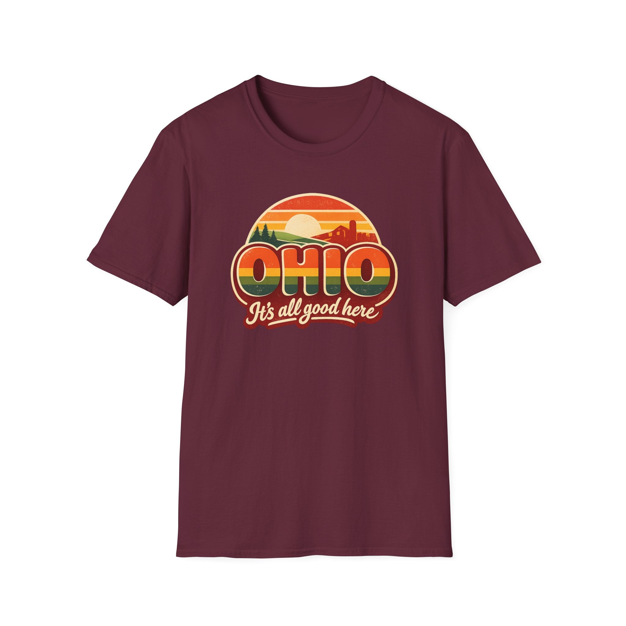 Ohio Retro Sunset T-Shirt — “Ohio It's All Good Here” Vintage State Tee