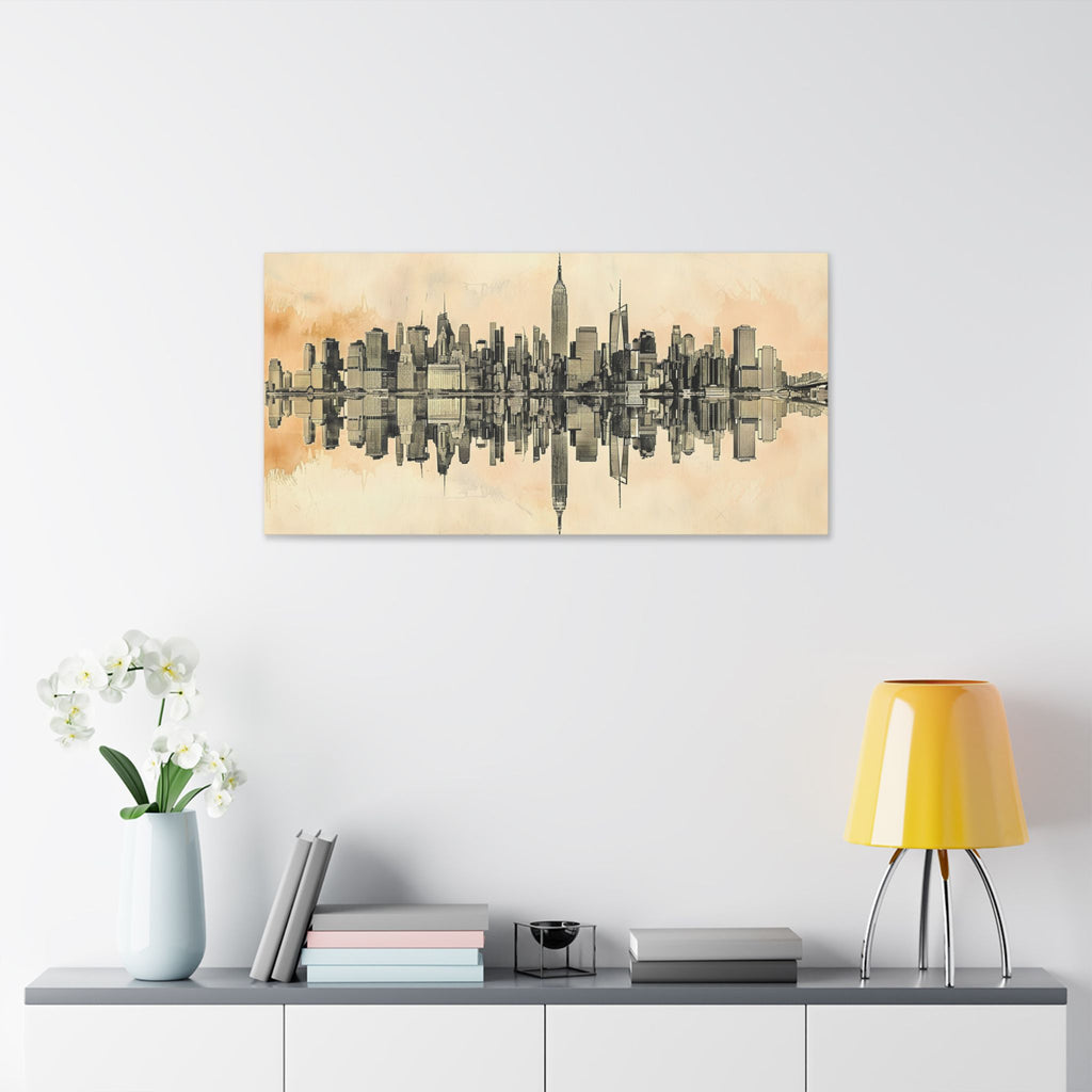 New York City Skyline Canvas Print — Sepia Watercolor Mirror Reflection Wall Art