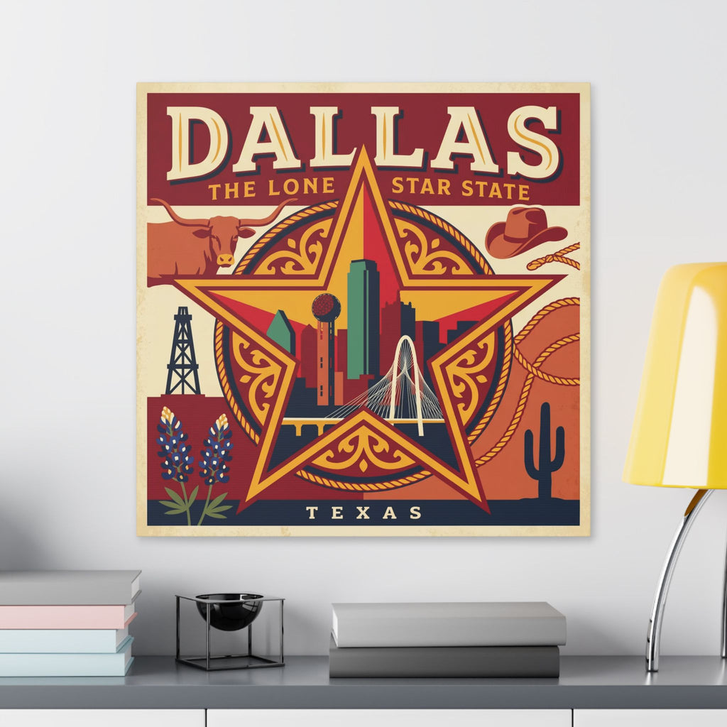 Dallas Lone Star Vintage Canvas Wall Art — Texas Skyline & Western Icons