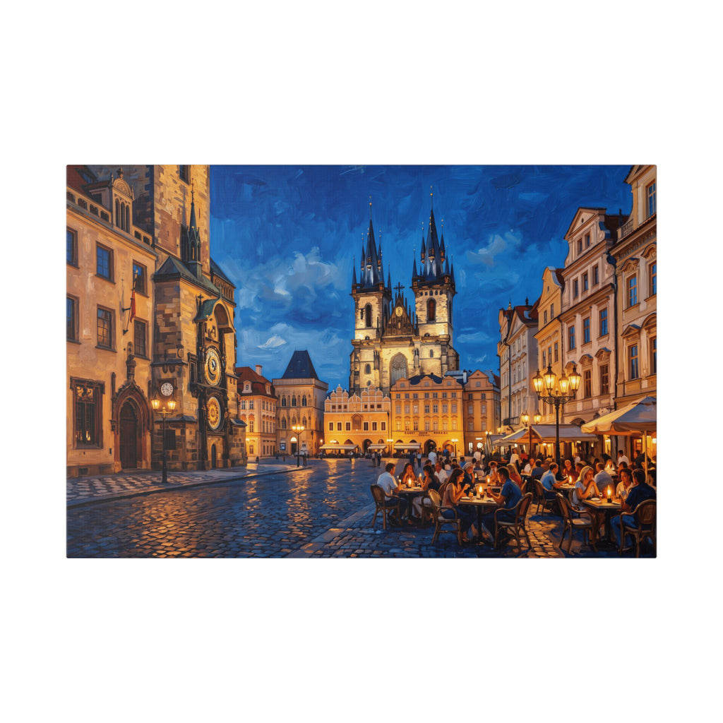 Prague Old Town Square Canvas Print — Nighttime European Cityscape Wall Art