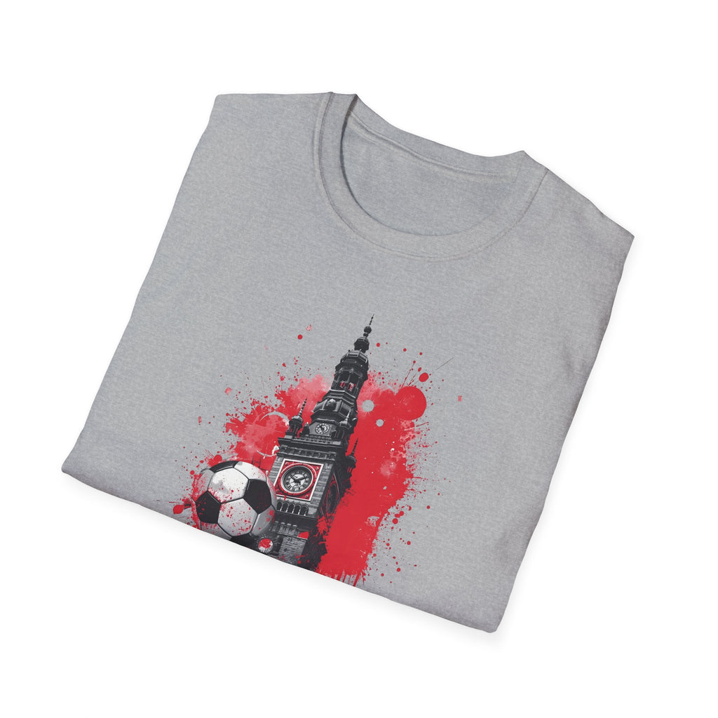 Munich Football Illustration T-Shirt | Soccer Ball, Clock Tower, Red Paint Splatter