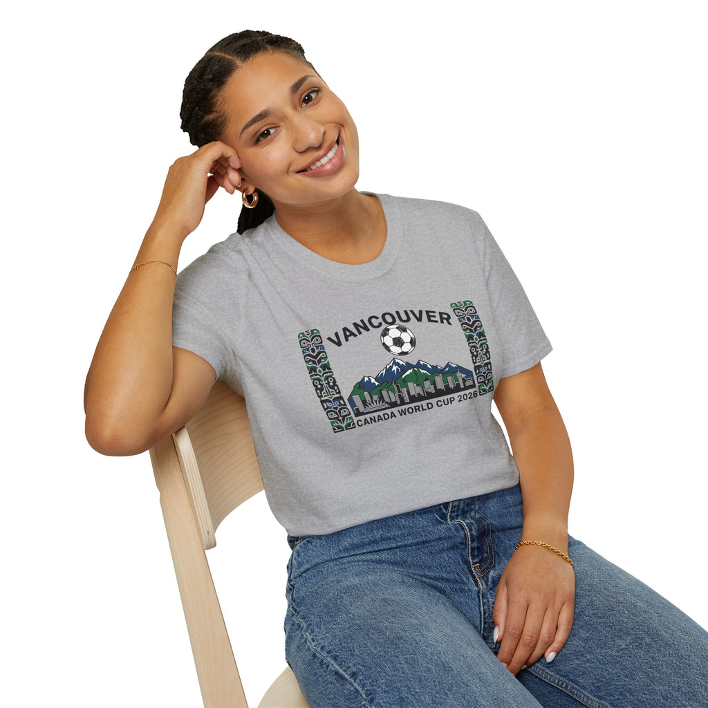 Vancouver Canada World Cup 2026 Soccer T-Shirt — City Skyline & Indigenous Pattern