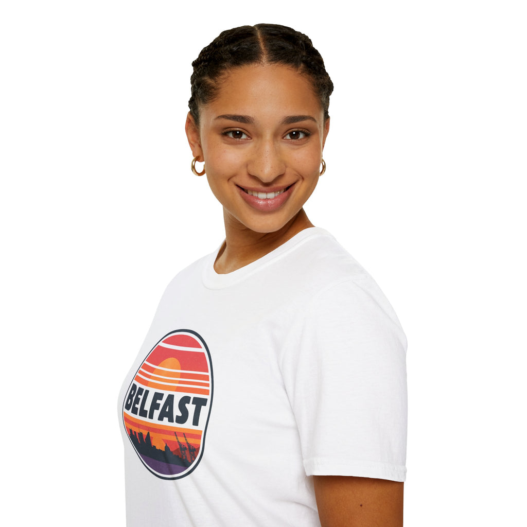 Belfast Sunset T-Shirt — Retro Skyline Graphic Tee