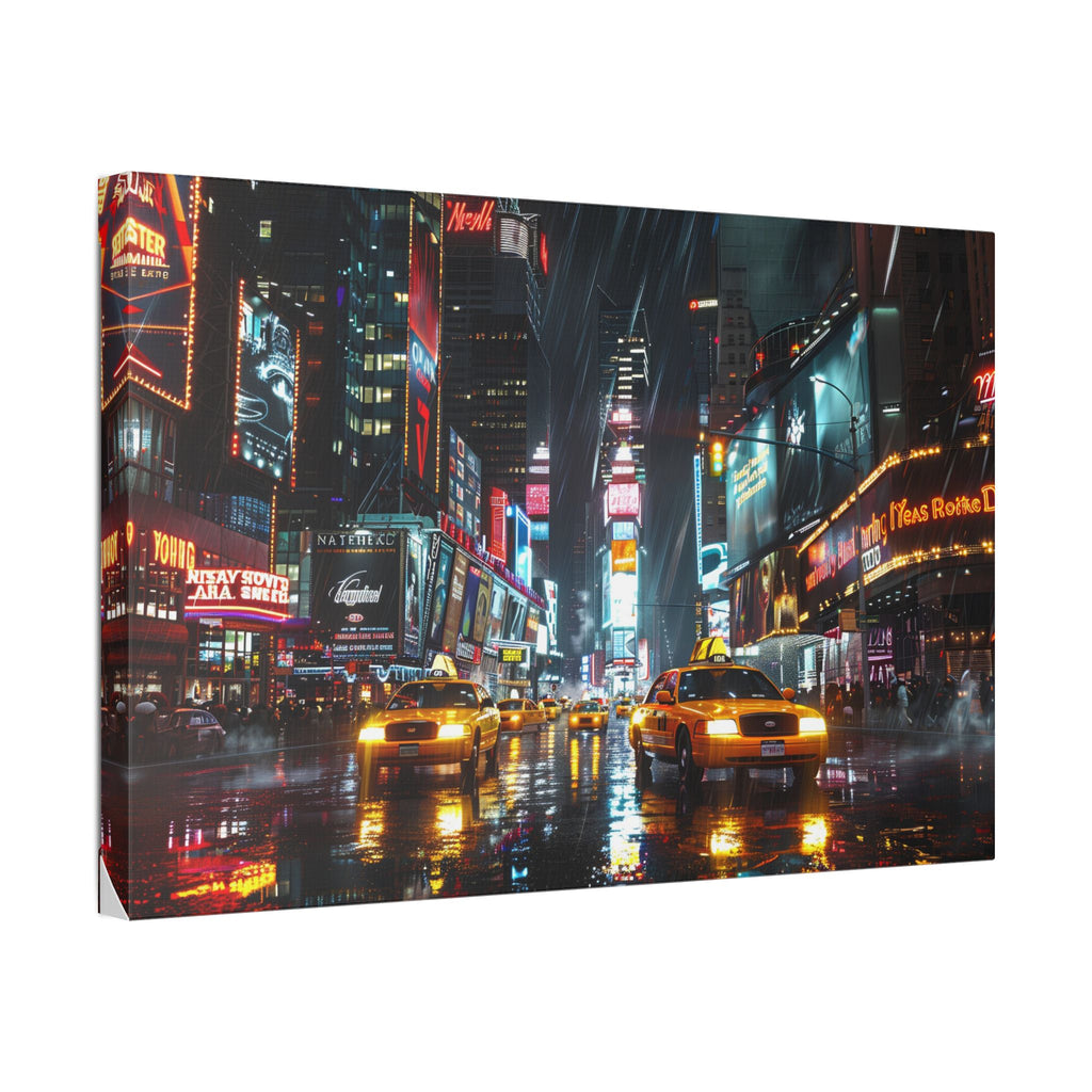 New York Night Street Canvas Print — Rainy Times Square Taxi Wall Art