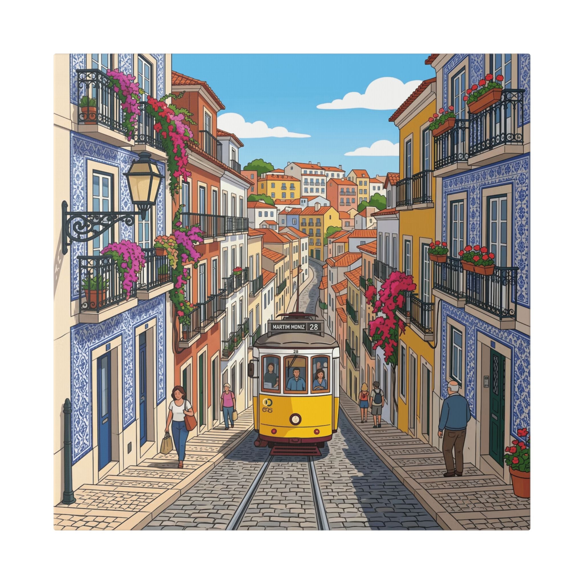Lisbon Tram Street Canvas Art — Colorful European Cityscape Wall Decor