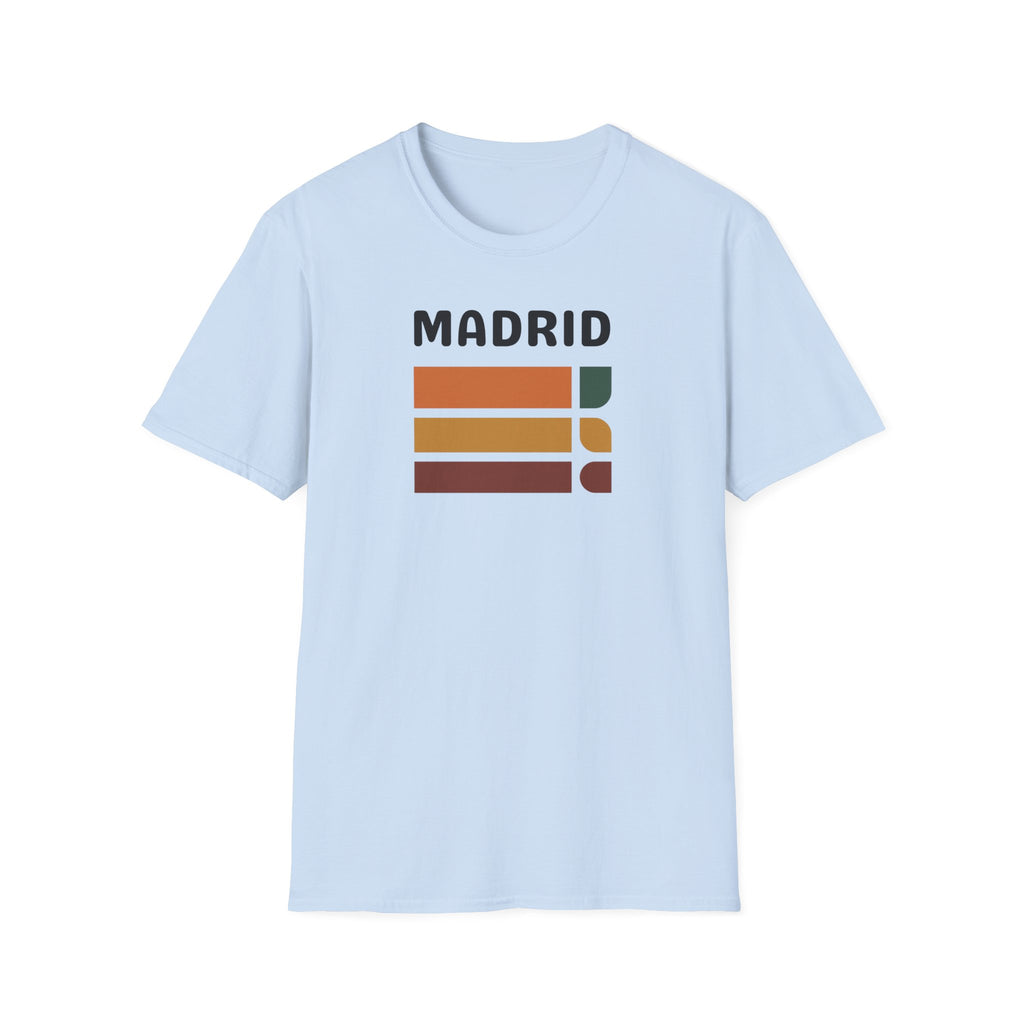Madrid Retro Stripes T-Shirt | Vintage City Typography, Earth Tone Bars