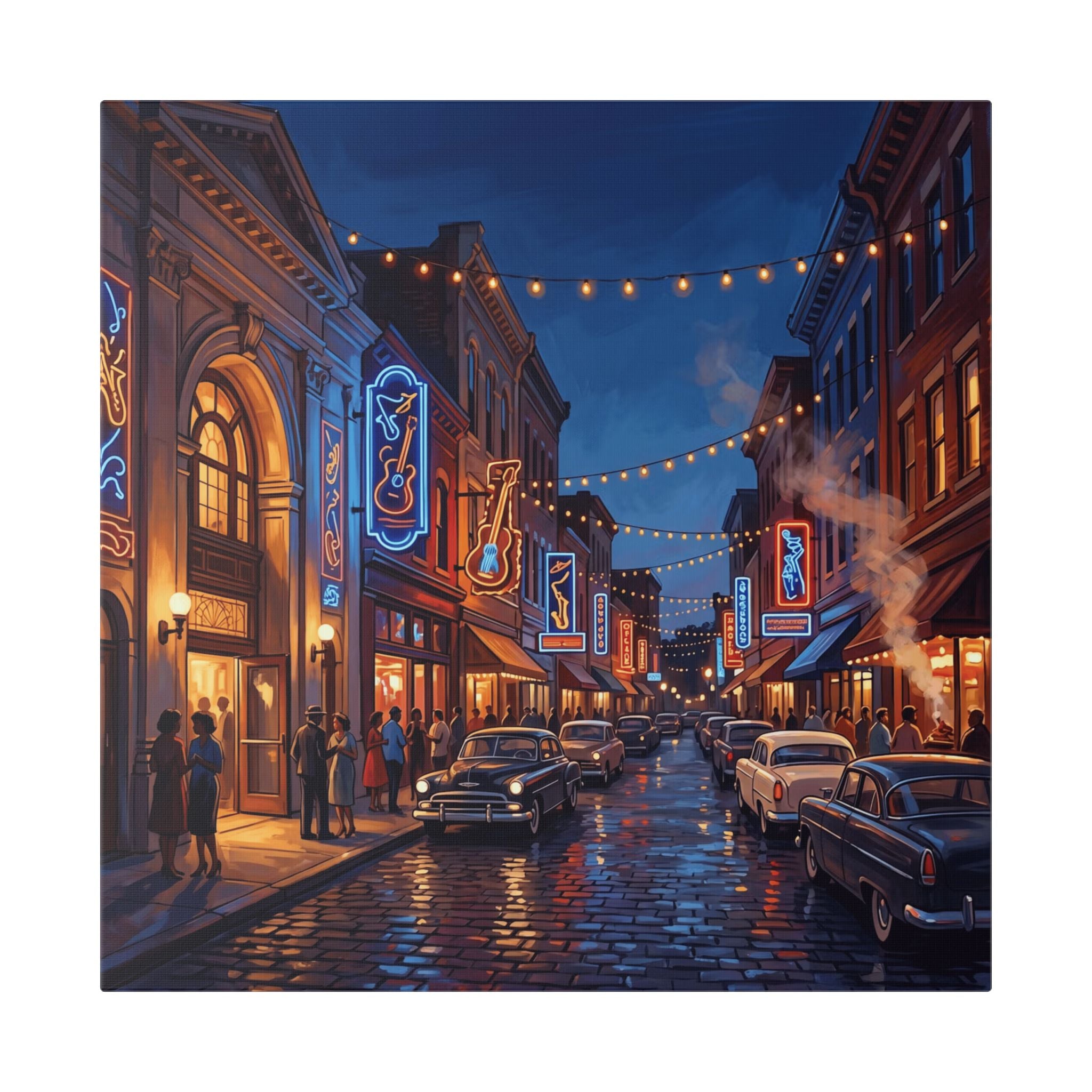 Kansas City 18th and Vine Jazz District -Vintage Neon Main Street Canvas Print — Retro Nighttime Cityscape Wall Art