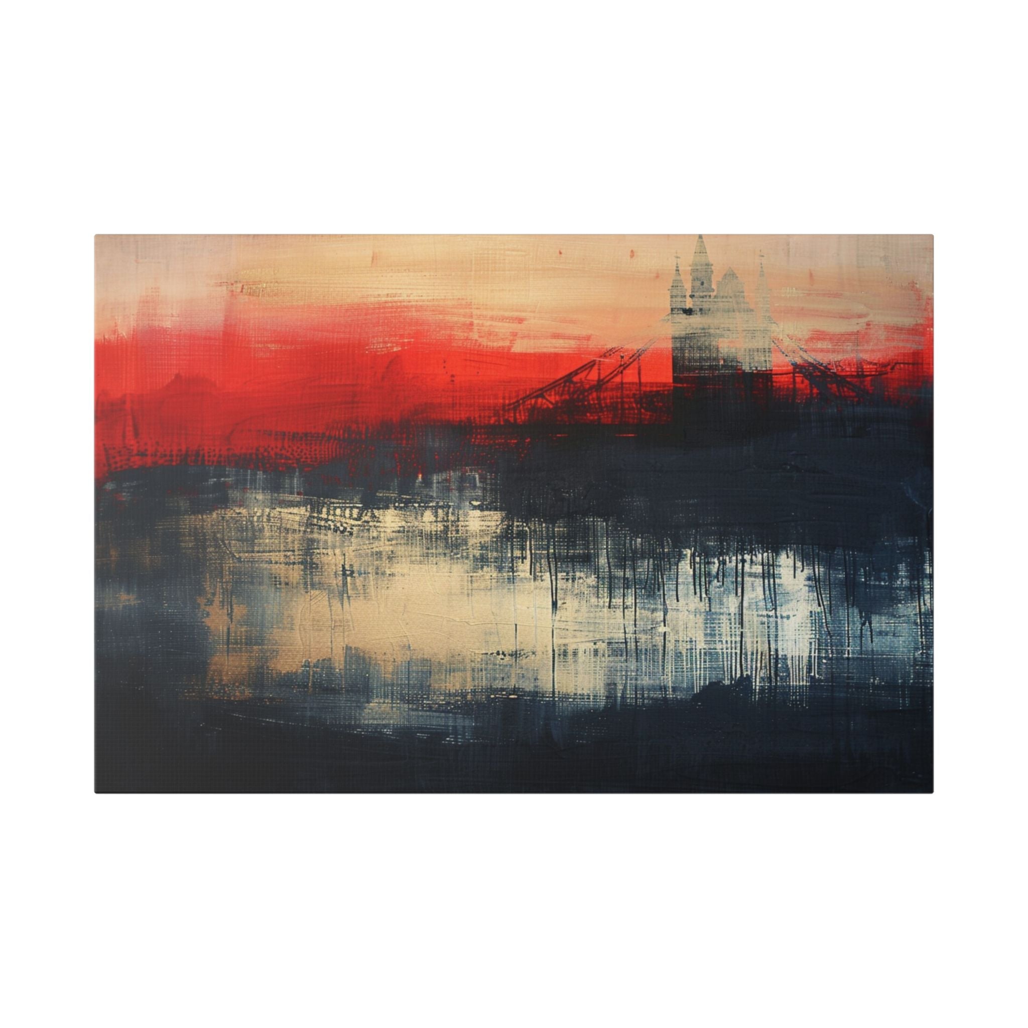 Abstract London Bridge Canvas Wall Art – Red & Navy Stretched Painting