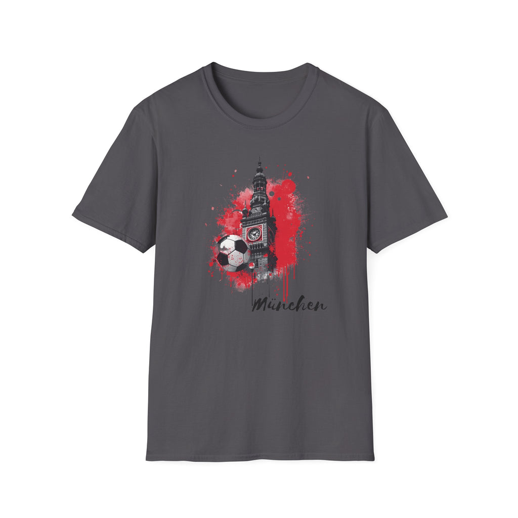 Munich Football Illustration T-Shirt | Soccer Ball, Clock Tower, Red Paint Splatter