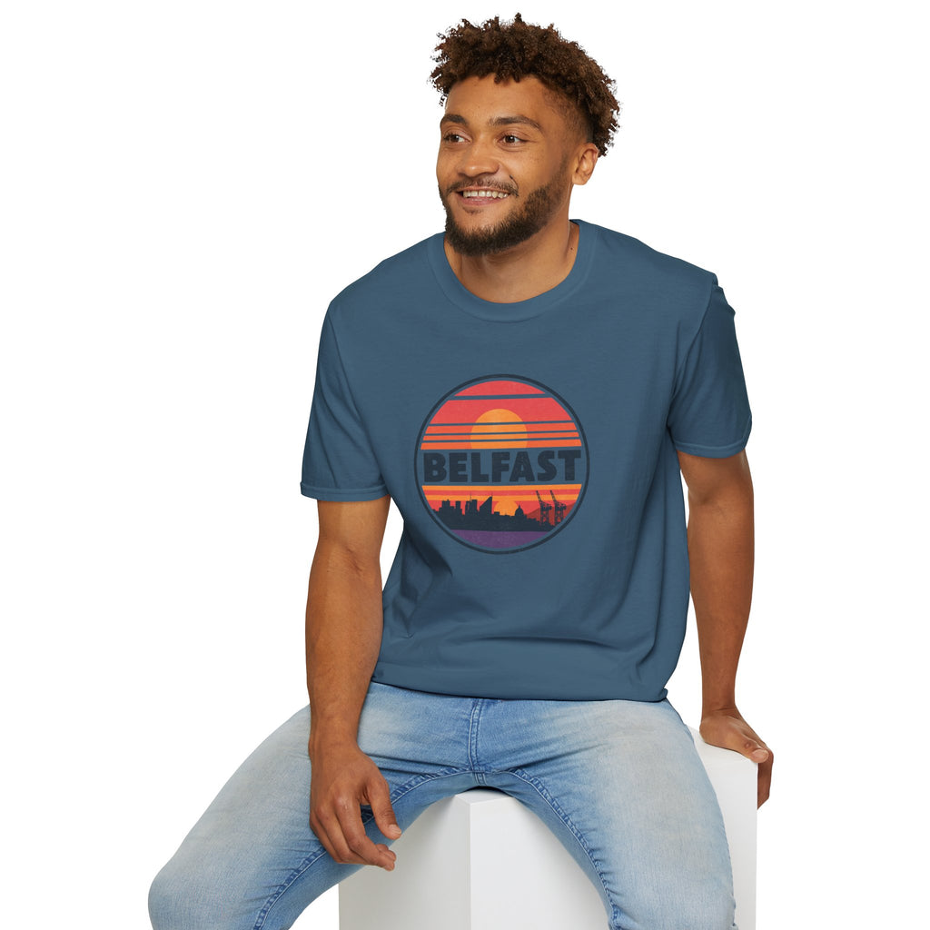 Belfast Sunset T-Shirt — Retro Skyline Graphic Tee