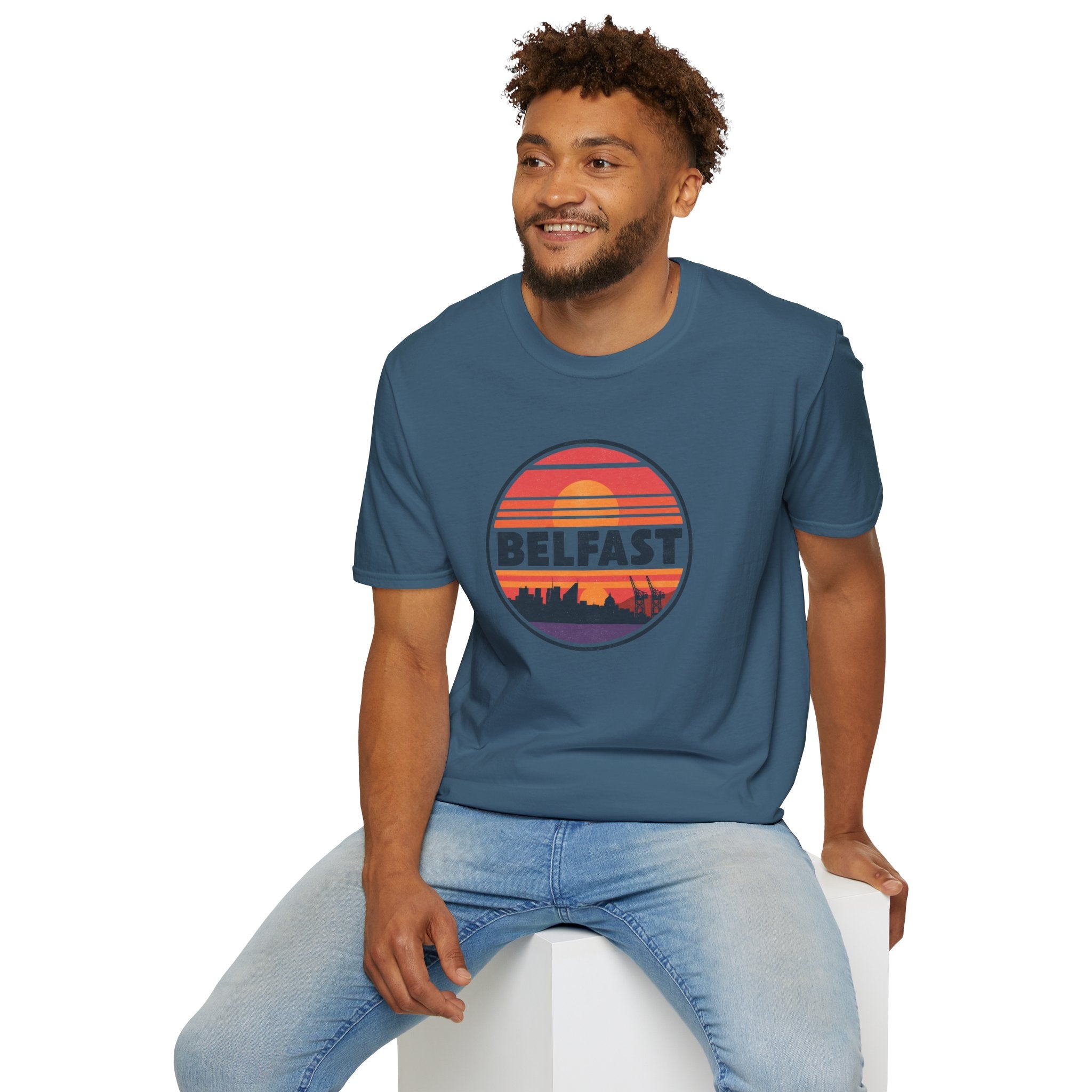 Belfast Sunset T-Shirt — Retro Skyline Graphic Tee