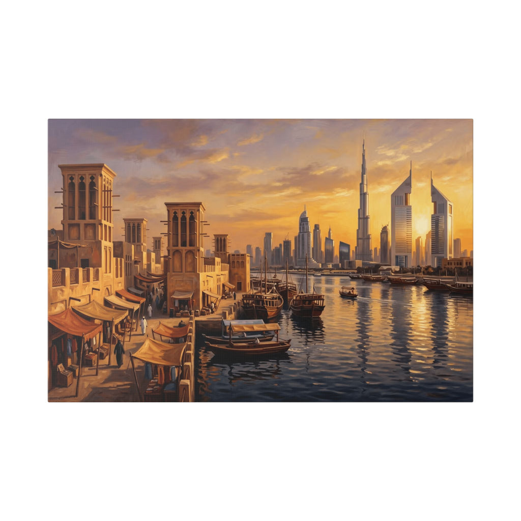 Dubai Skyline Canvas Print — Sunset Old Town Harbor Wall Art