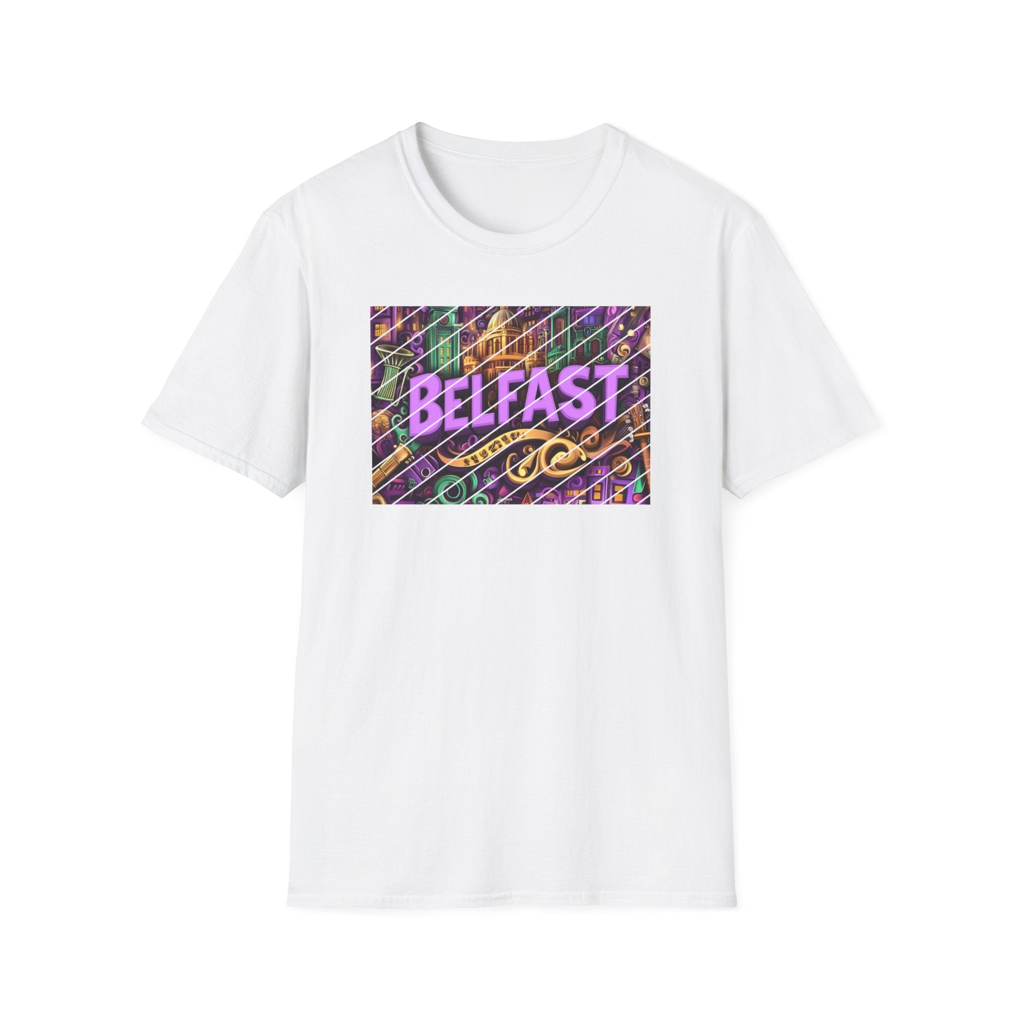 Belfast Neon Script T-Shirt | Retro Rainbow Stripes