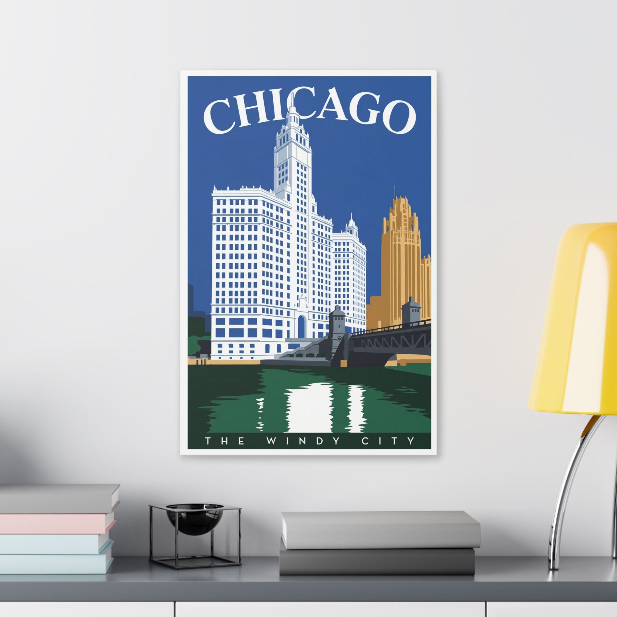 Chicago Skyline Stretched Canvas – The Windy City Retro Travel Art