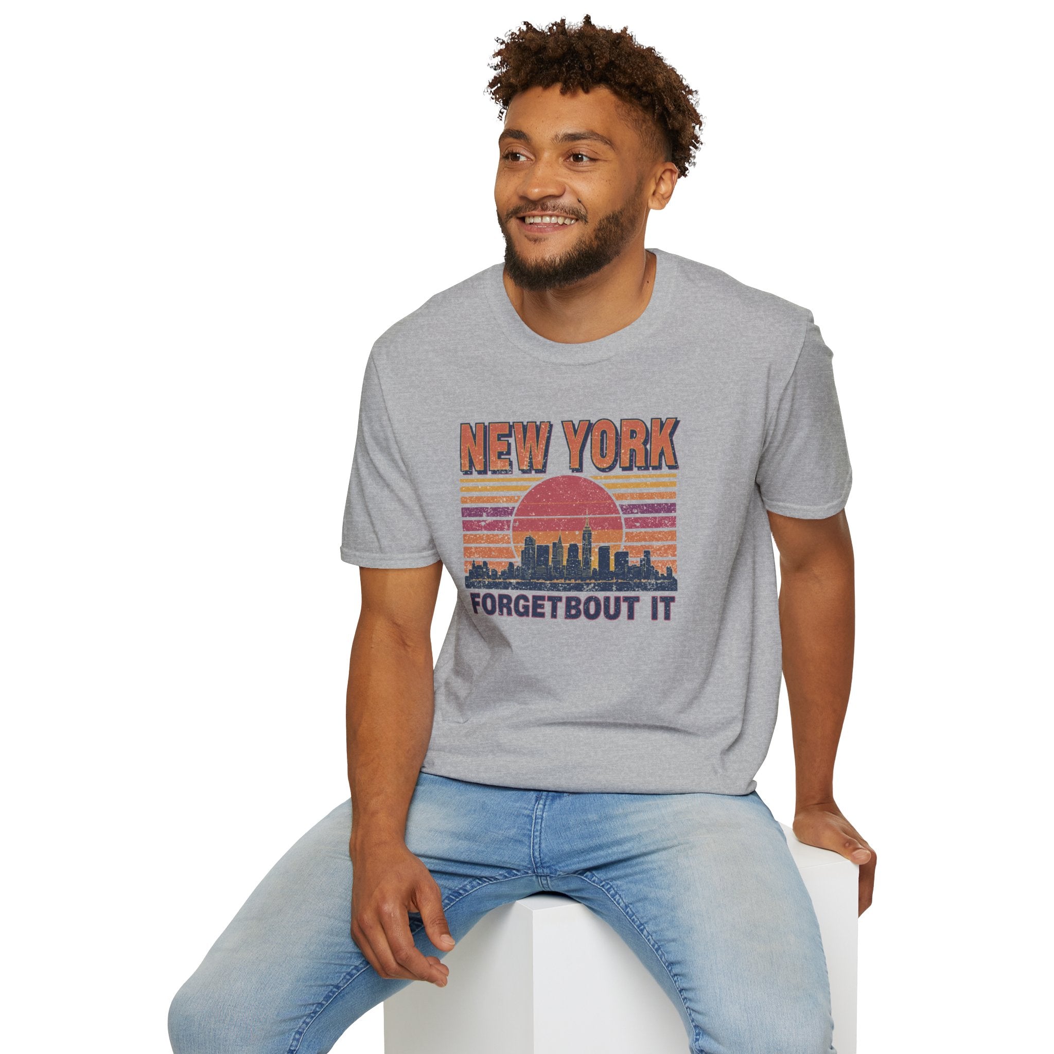New York Skyline T‑Shirt – “Forgetbout It” Vintage Sunset Tee