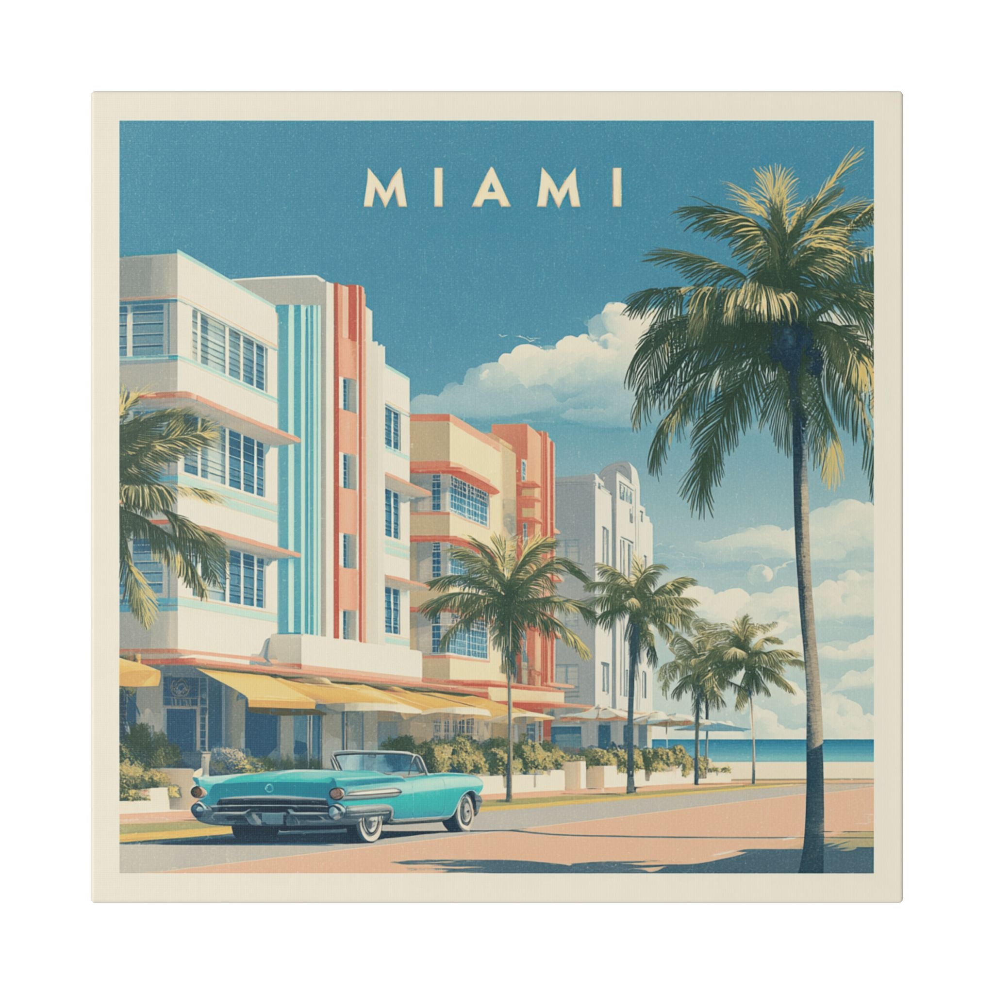Miami Art Deco Canvas Print — Retro Palm Beach Scene