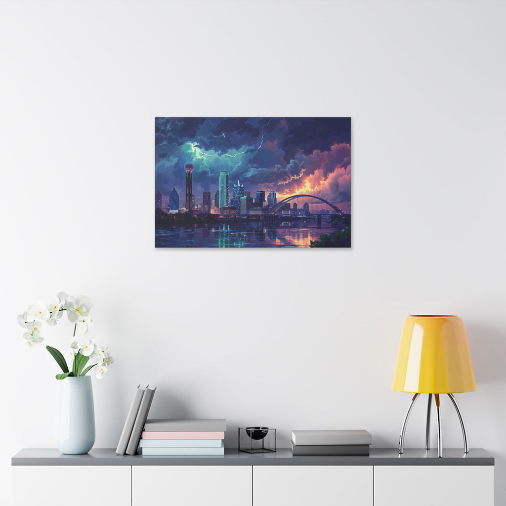 Dallas Cityscape Canvas Print — Stormy Sunset Skyline Wall Art