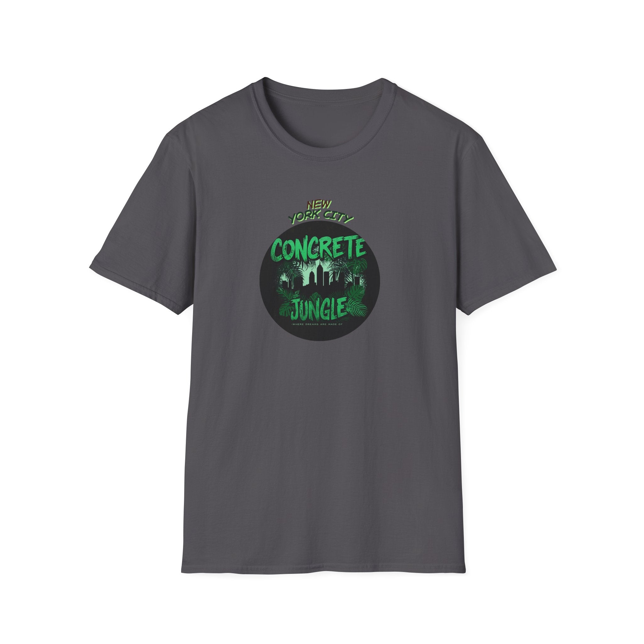 New York City Concrete Jungle T-Shirt | Skyline Silhouette, Green Badge