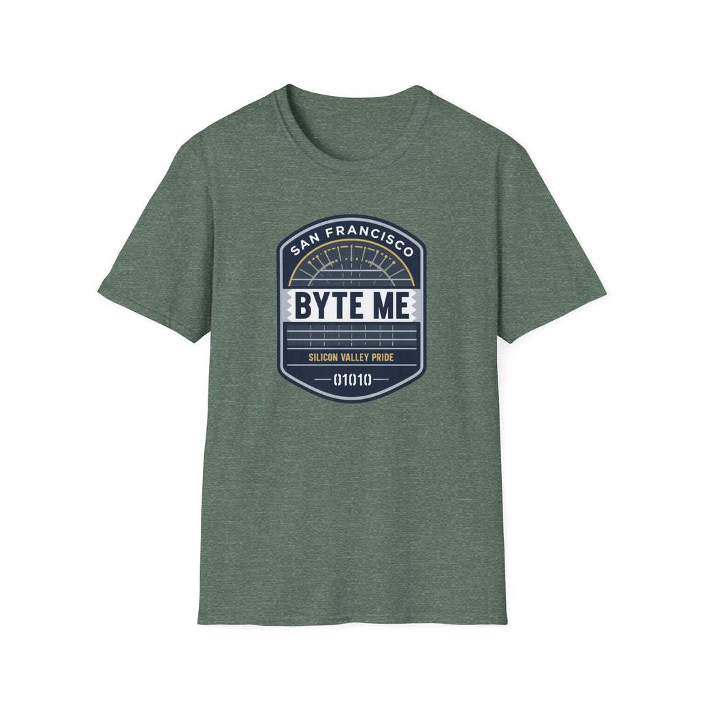 Byte Me San Francisco T-Shirt — Retro Tech Badge Tee (01010)