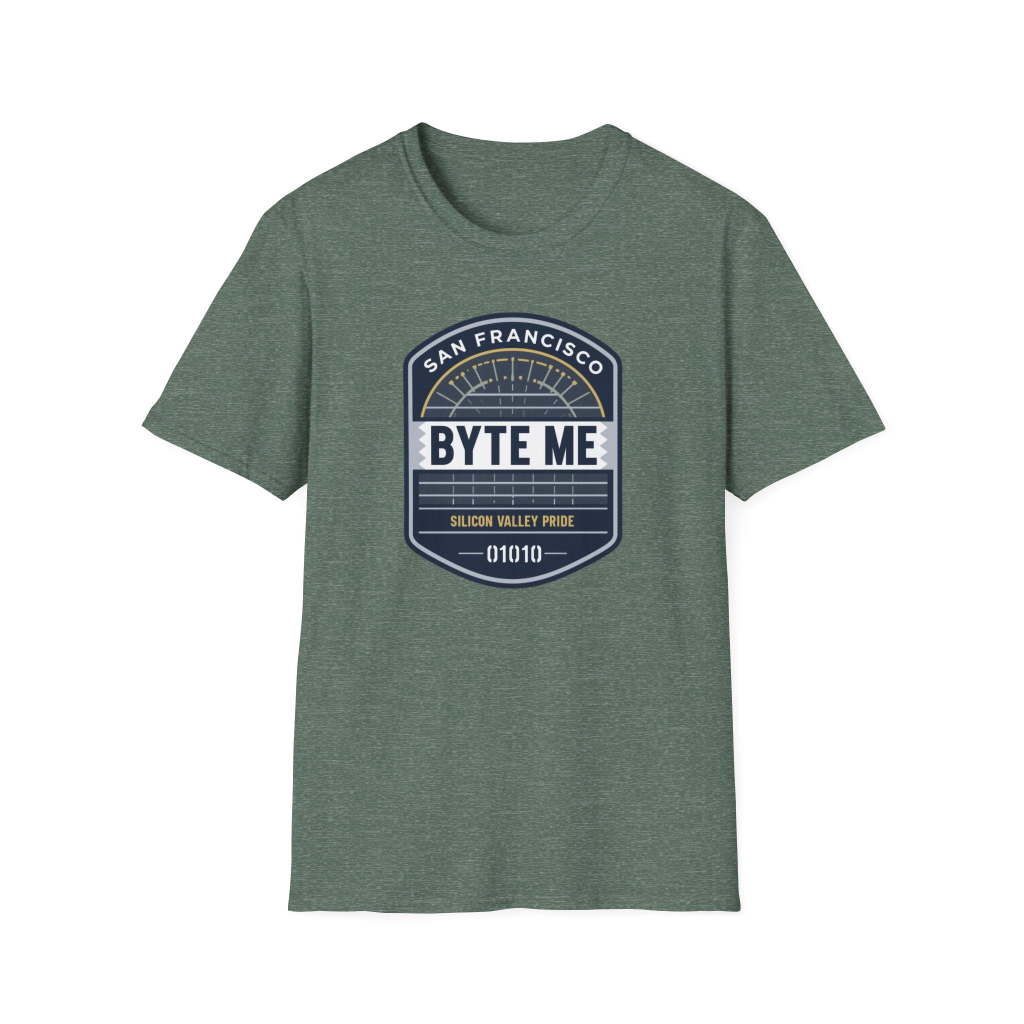 Byte Me San Francisco T-Shirt — Retro Tech Badge Tee (01010)