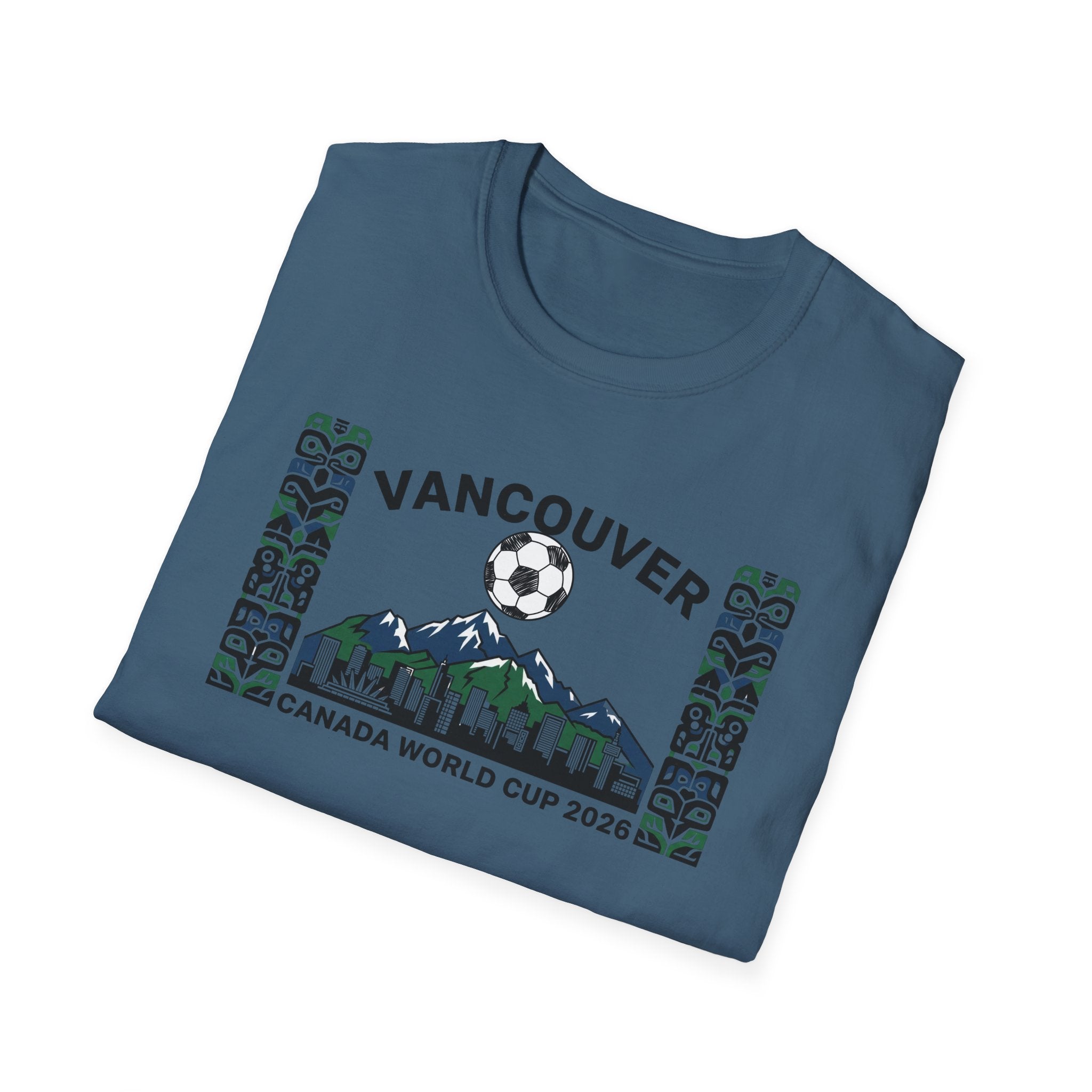 Vancouver Canada World Cup 2026 Soccer T-Shirt — City Skyline & Indigenous Pattern