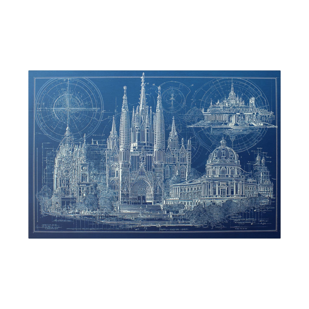 Blueprint Barcelona Canvas Print — Architectural Wall Art, Blueprint / Engraving HORIZONTAL landmarks, Sagrada Família, Park Güell, Casa Batlló