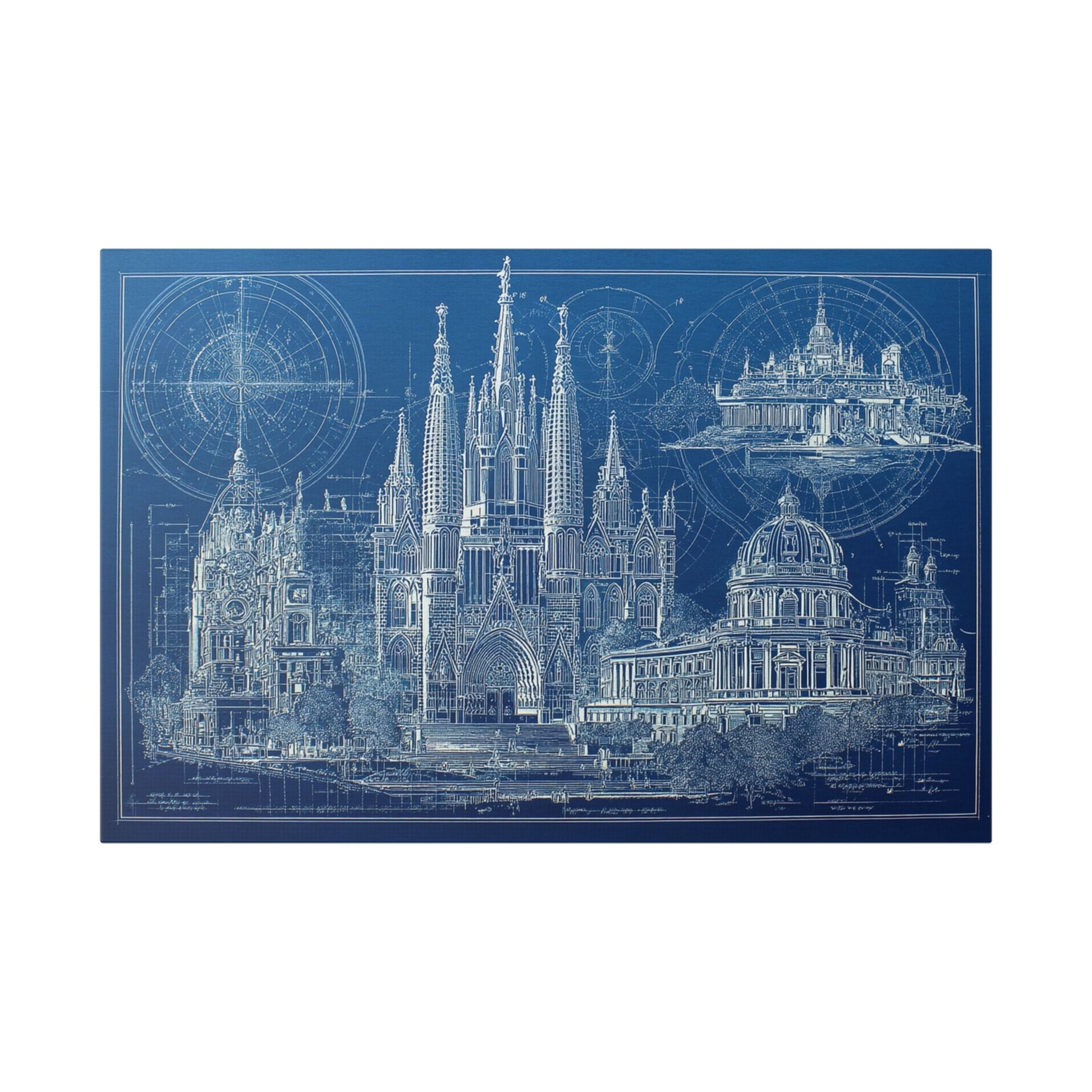Blueprint Barcelona Canvas Print — Architectural Wall Art, Blueprint / Engraving HORIZONTAL landmarks, Sagrada Família, Park Güell, Casa Batlló